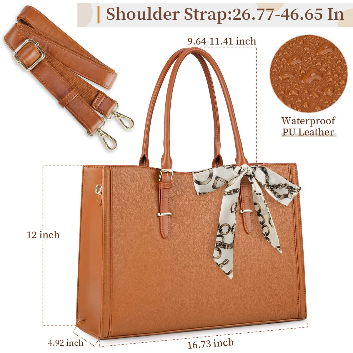 Laptop Bag for Women 15.6 inch Waterproof Laptop Tote Work Bag Leather Computer Tote Briefcase Bag Office Professional Large Capacity Handbag School Shoulder Bag Brown