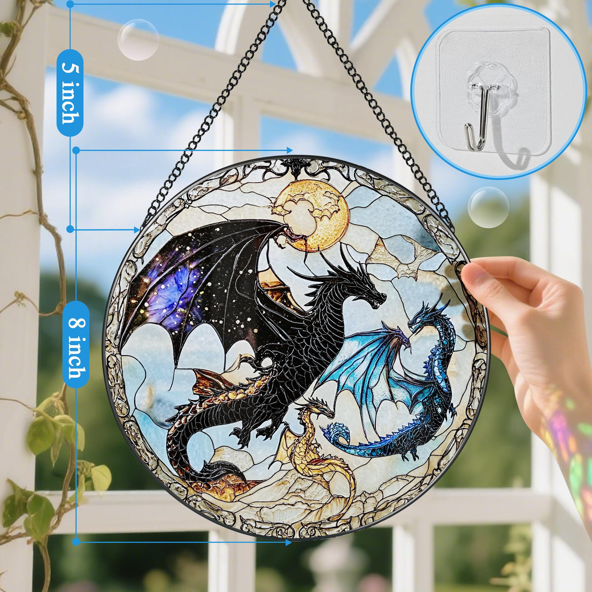 Dragon Stained Glass Window Hanging, 8 Inch Sun Catchers Indoor Window, Suncatchers for Windows Hanging, Home Decor and Christmas, Holiday, Mother's Day, Father's Day, Birthday Gifts for Women, Men