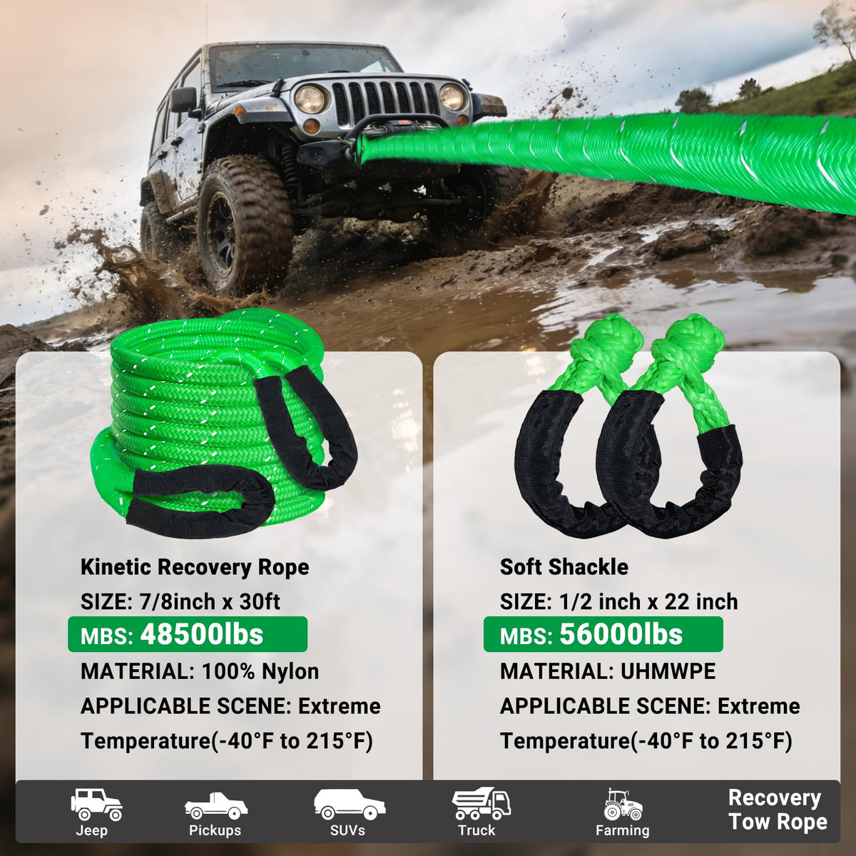 DAJOUJS Kinetic Recovery Tow Rope 7/8" x 30ft Tow Strap 48500lbs Snatch Strap with 2Pcs Soft Shackles 56000lbs Break Strength Heavy Duty Kinetic Towing Rope for Truck ATV UTV Offroad Recovery Rope Kit