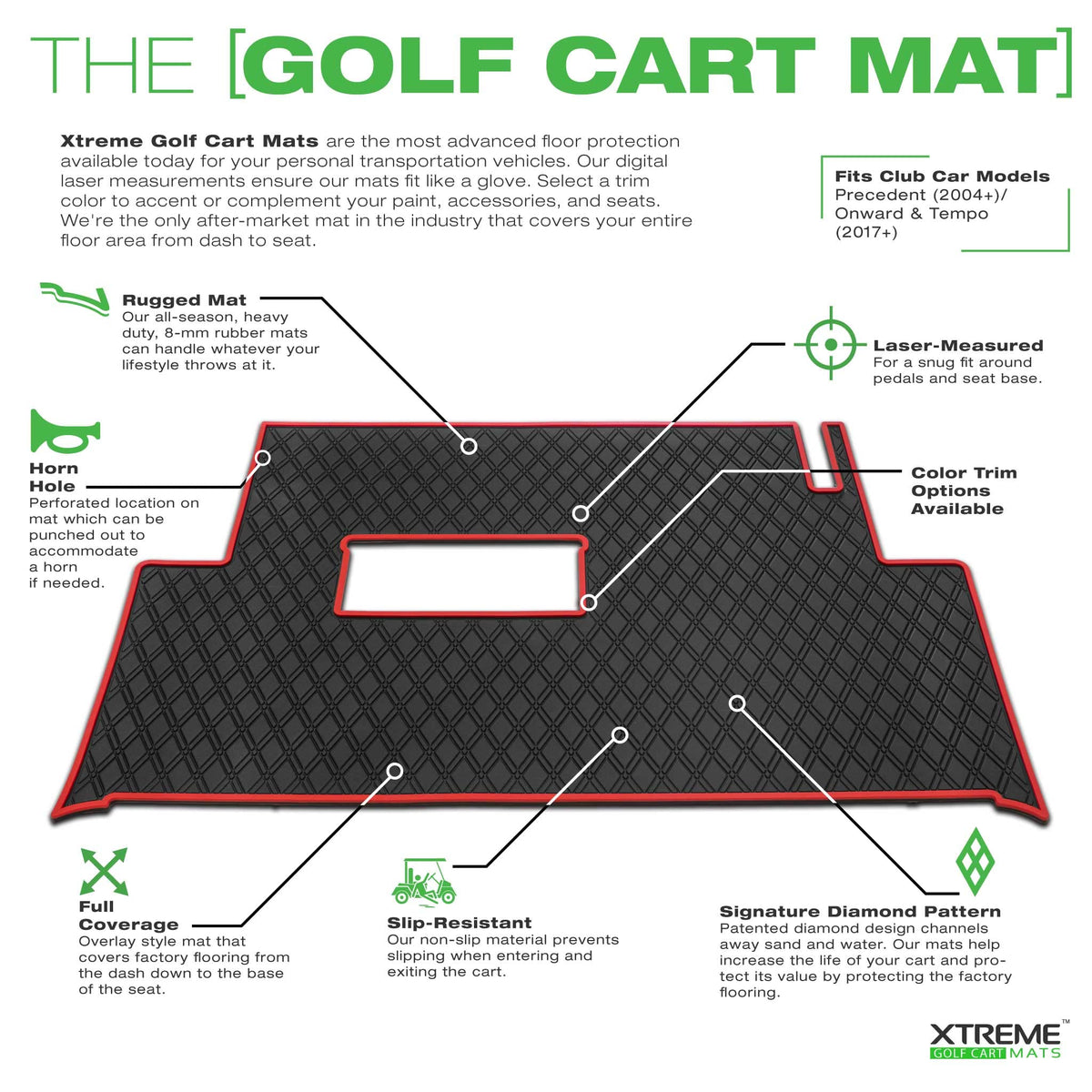 Xtreme Golf Cart Mats Rubber Floor Mat Compatible with Club Car Precedent (04-25), Onward & Tempo (17-25), Villager & V4L (19-24) Golf Cart Models | Full Coverage Liner Protection - Grey Trim