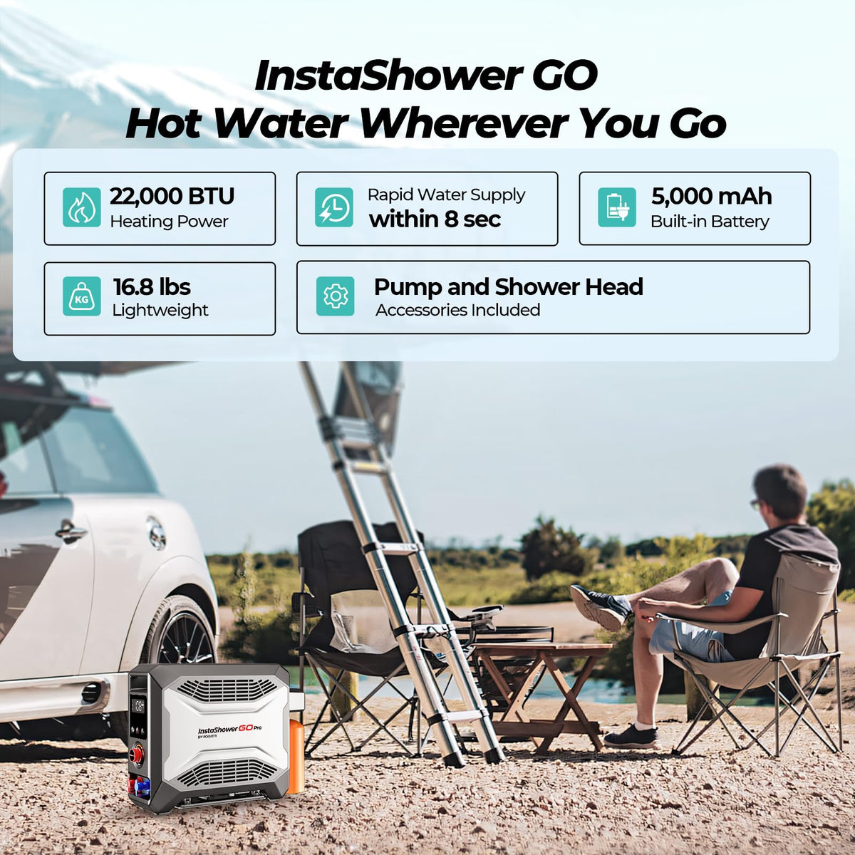 FOGATTI InstaShower GO Pro Portable Propane Hot Shower System, 22,000 BTU Instant Water Heater with 5000mAh Built-in Battery, 12V Pump, All-in-One Outdoor Shower for Camping, Pets & Off-Grid Use