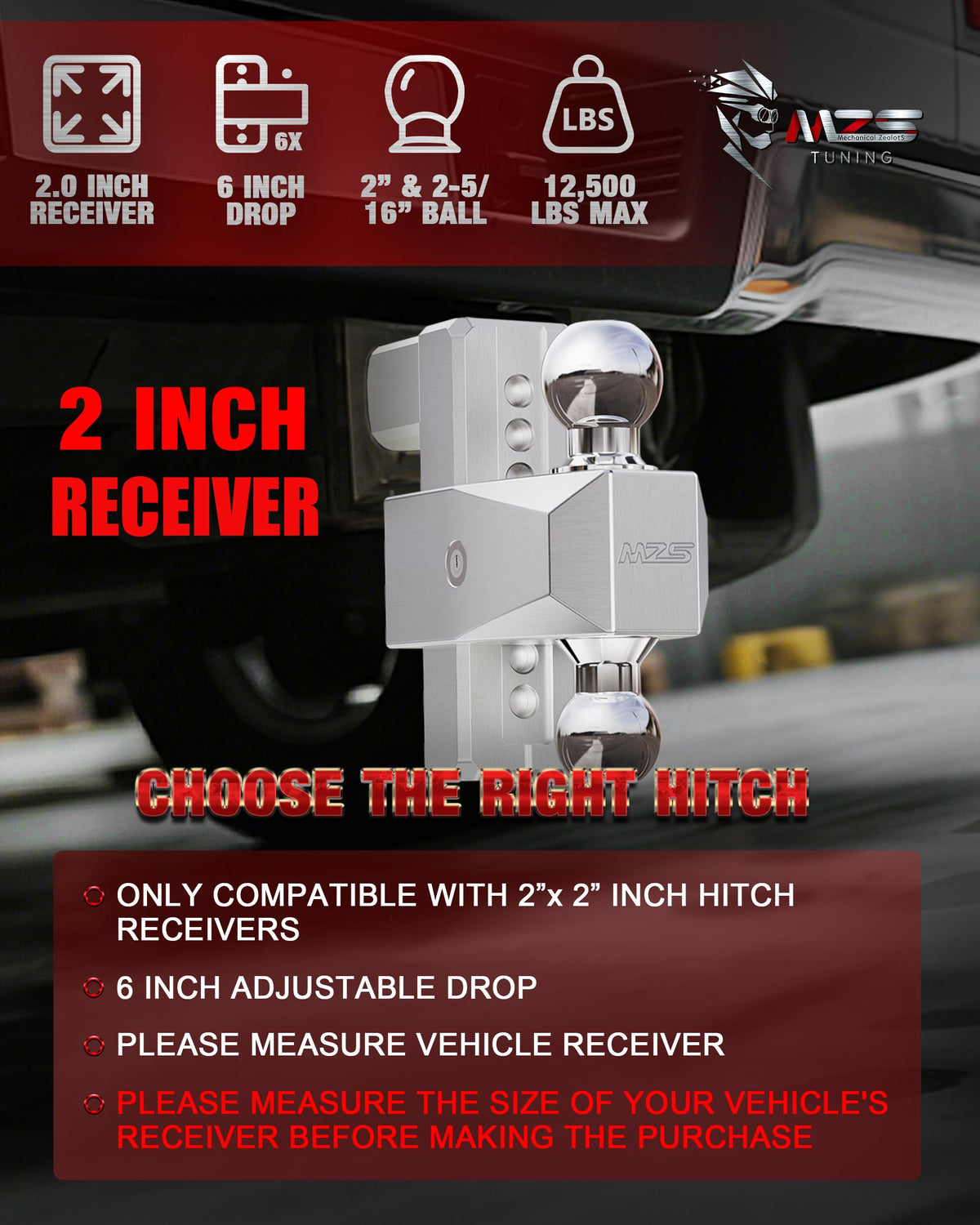 MZS Adjustable Trailer Hitch - Fits 2 Inch Receiver Hitch - 6-Inch Adjustable Drop Hitch - Heavy Duty Aluminum Tow Hitch for Truck(12,500 LBS GTW) Chrome