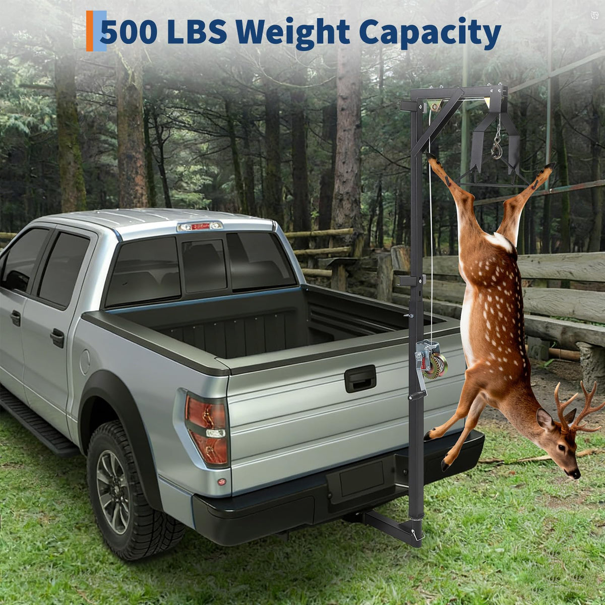 EliteEdge 500 LBS Hitch-Mount Deer Hoist with Winch & Gambrel, 360° Swivel Adjustable Height Heavy-Duty Game Hoist for Skinning, Butchering, Field Dressing