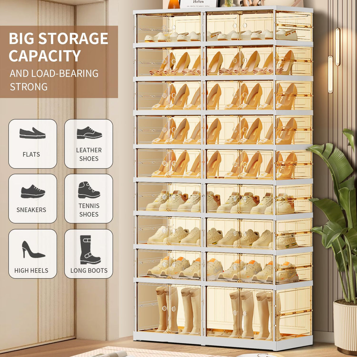 CIMLORD 9 Tier Foldable Shoe Rack for Closet Entryway 18-36 Pairs Stackable Clear Shoe Storage Boxes with Lids Large Shoes Shelf with Door Tall Plastic Organizer Cabinet Easy Assembly