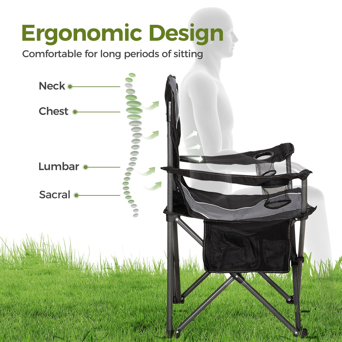 ALPHA CAMP Oversized Camping Folding Chair Heavy Duty Steel Frame Support 350 LBS Collapsible Padded Arm Chair with Cup Holder Quad Lumbar Back Chair Portable for Outdoor/Indoor (Black grey-2PC)