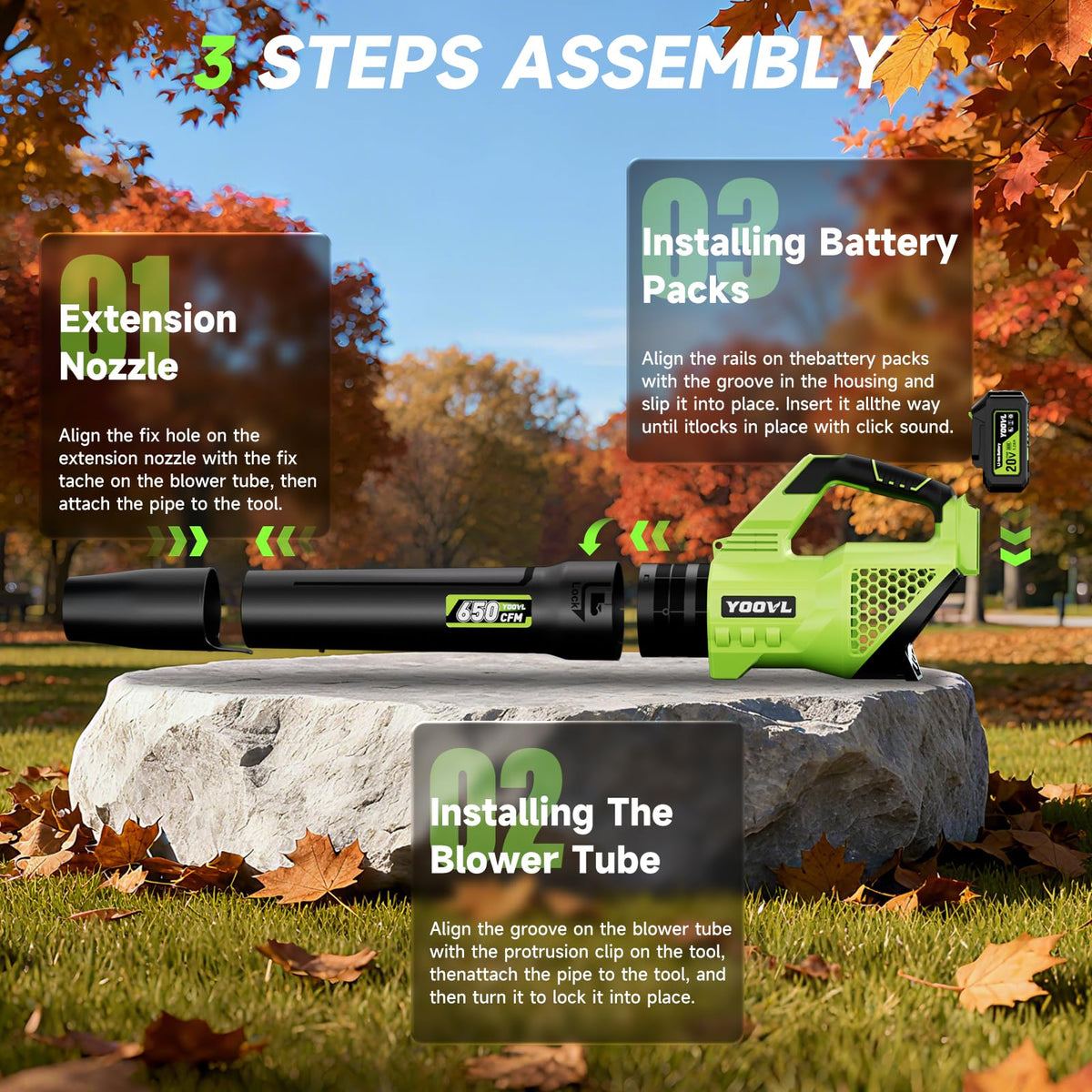 Leaf Blower Cordless, 650CFM Electric Leaf Blowers with 2 x 5.2Ah Batteries and Charger, 3 Speed Modes, 1 x Adjustable Shoulder Strap, Powerful Blowers for Lawn Care, Patio, Dust, Blowing Leaves