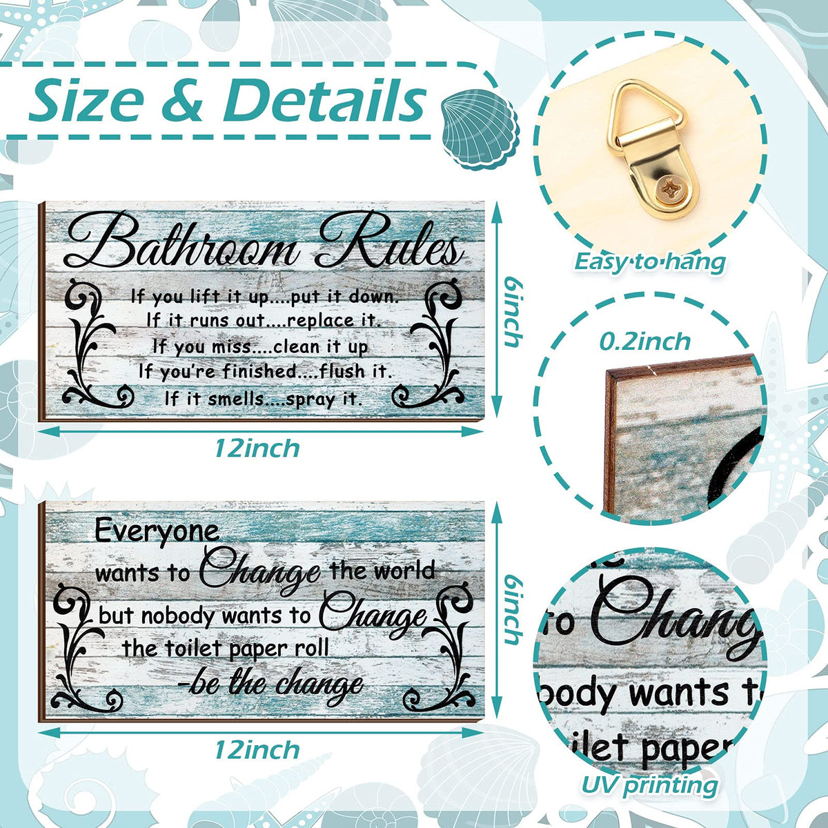 Jetec 2 Pieces Funny Bathroom Signs Bathroom Wall Decor Toilet Wall Accessories Farmhouse Toilet Rustic Wooden Signs, 12x6 Inch(Chic Style)
