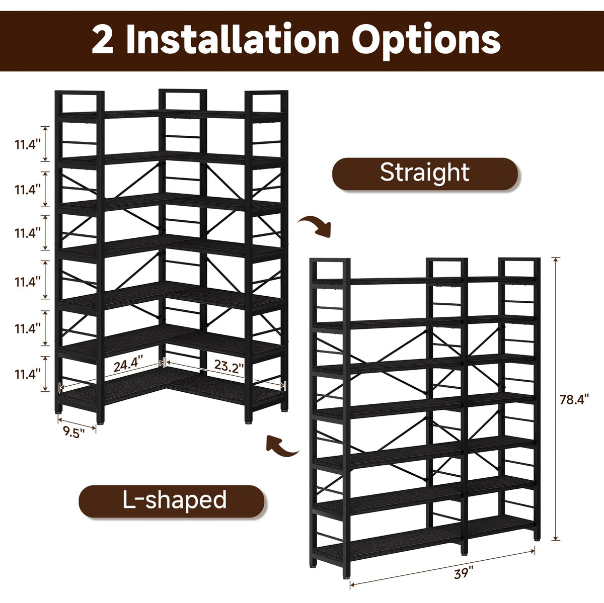 TEROL 7-Tier Corner Bookshelf, Reversible Wooden Shelves, Industrial Bookcase with Open Shelves and Sturdy Metal Frame, Display Shelf Storage Rack for Living Room, Bedroom, Home Office (Black)