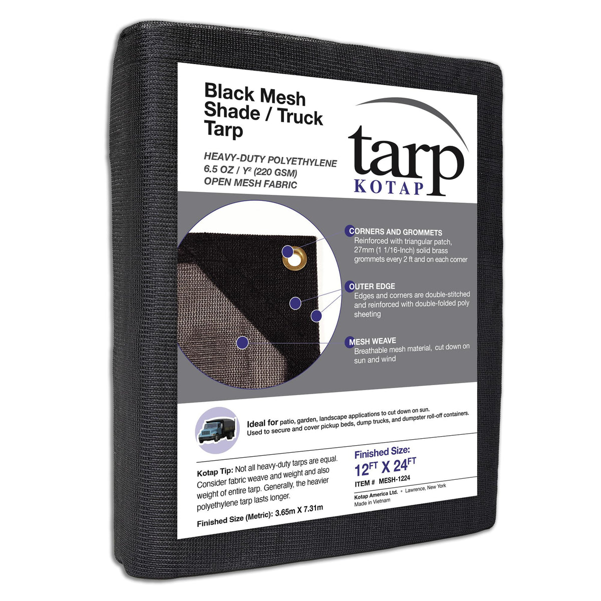 Kotap 12-ft x 24-ft Heavy-Duty 6.5 Oz Black Mesh Shade/Truck Tarp, Item: MESH-1224