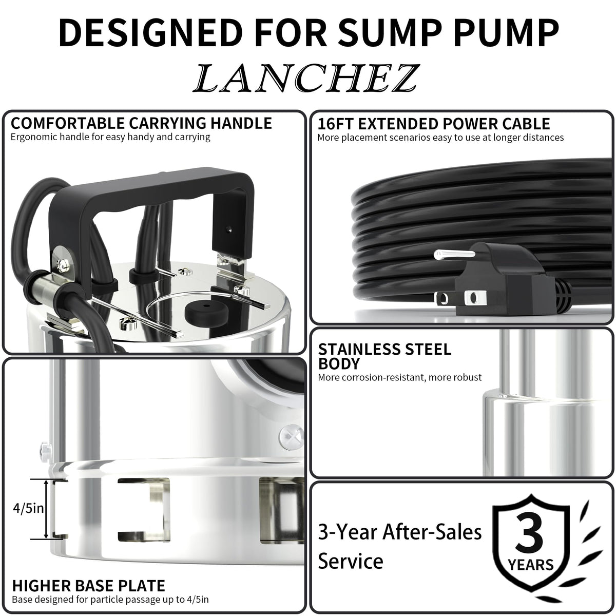 LANCHEZ 1.6HP 6000GPH Sump Pump, Stainless Steel High Flow Submersible Water Pump with Float Switch, Automatic Transfer Water Pump for Swimming Pool Basement Flooded Pit Sewage Sink Tub, Silver