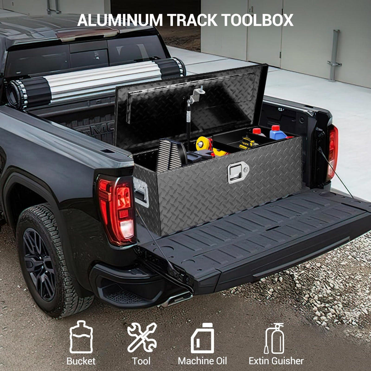 SierraSquad Heavy Duty Aluminum Truck Bed Storage Box, Lockable Waterproof Diamond Plate Chest with Sliding Shelf, Side Handles, Fits Pickup RV Trailer, Secure Organizer Toolbox, 30”