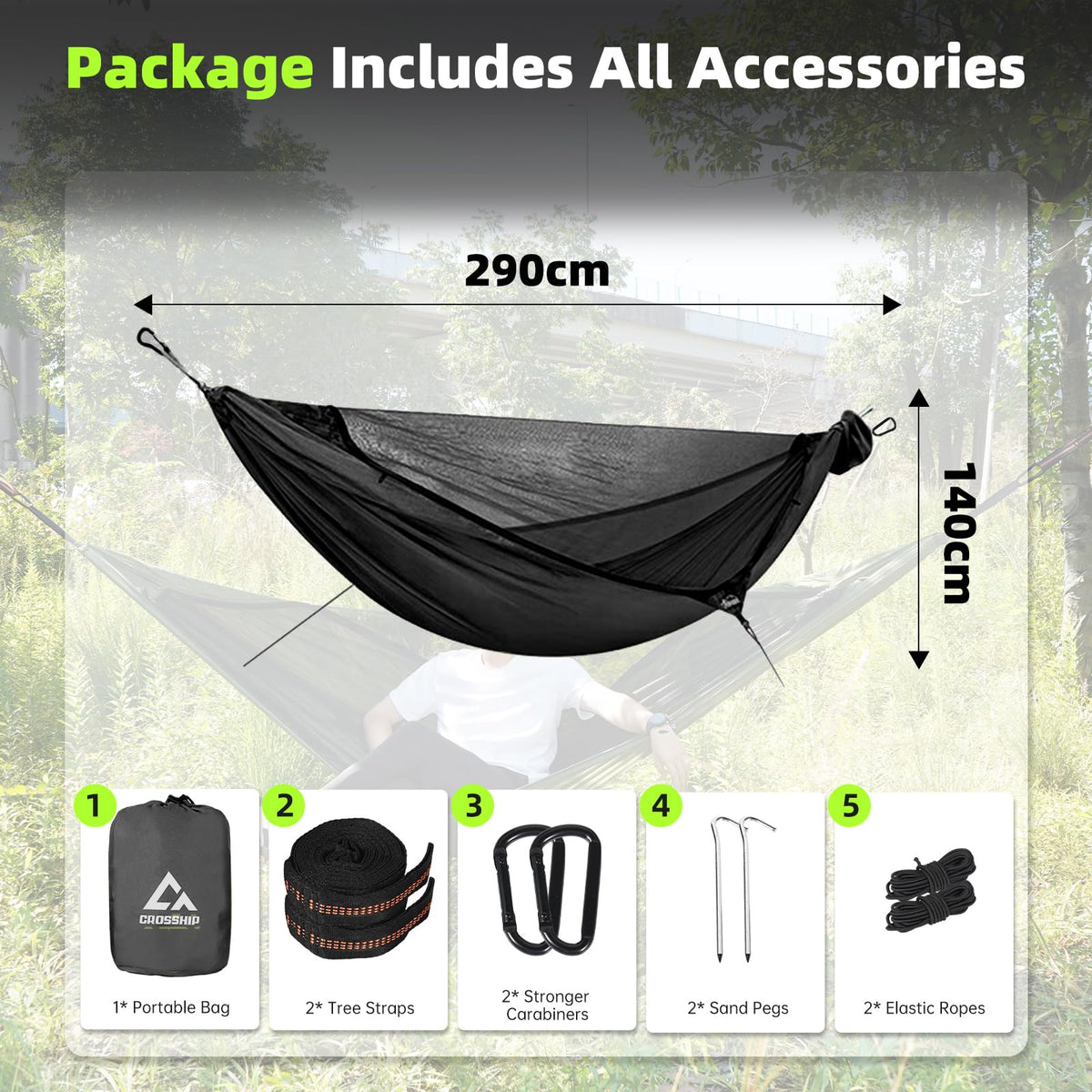 Black Camping Hammock with Mosquito Net & Hitch Mount Stand - Complete Bundle