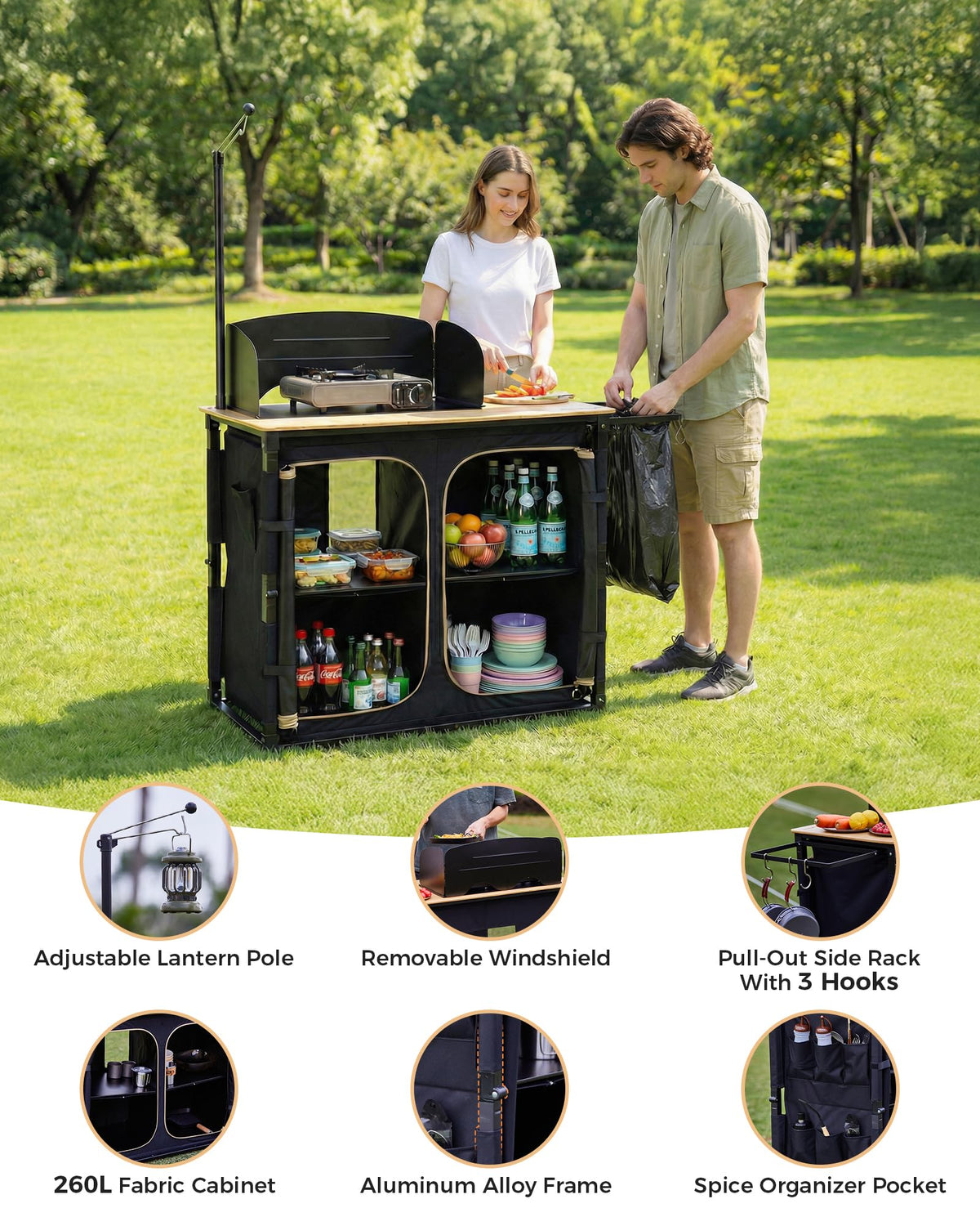KingCamp Bamboo Camp Kitchen Table, Folding Overland Camping Table with Windscreen & Lantern Pole, Portable Outdoor Cooking Organizer with Storage Cabinets for RV Trip, Tailgating, BBQ, Picnic