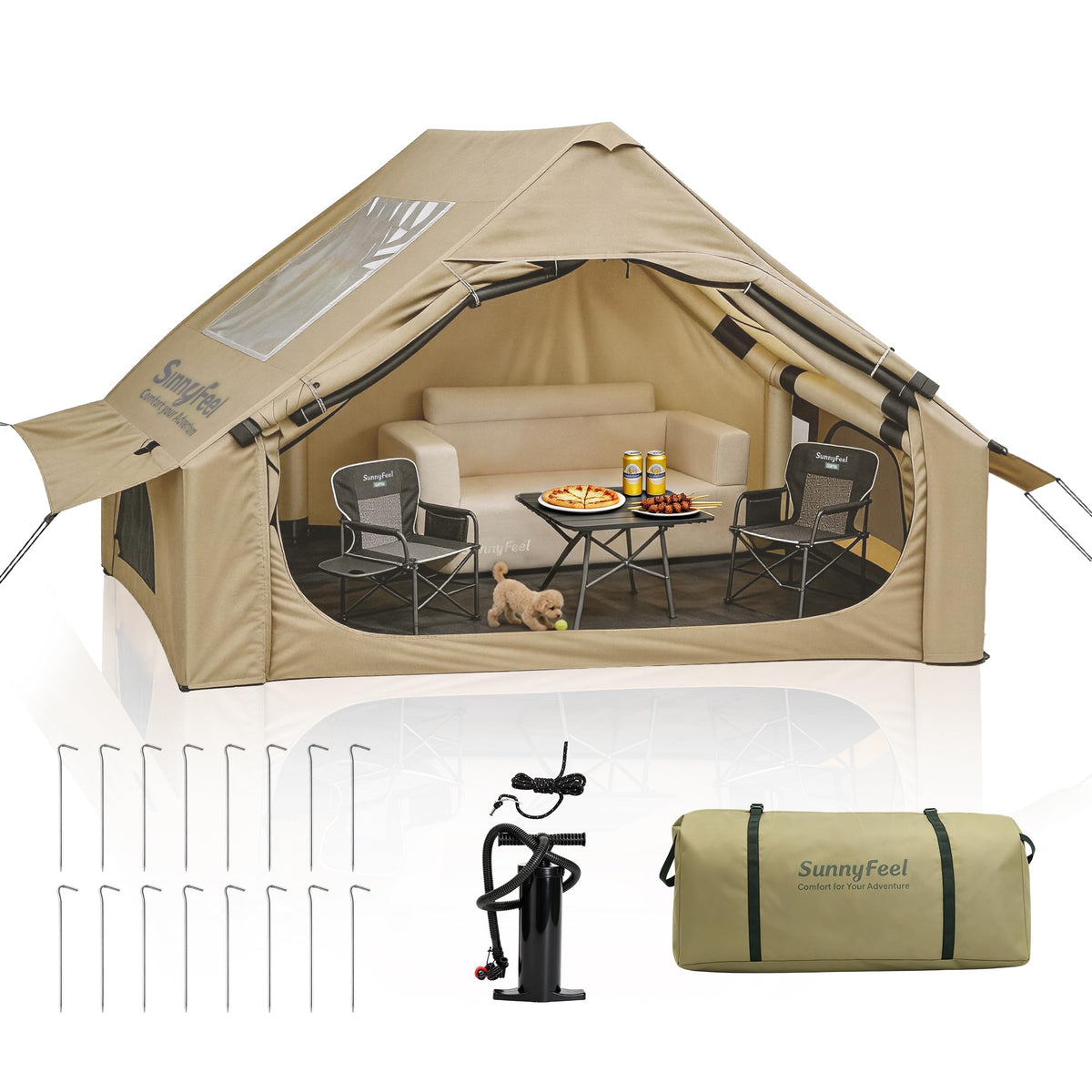 Inflatable Glamping Camping Tent 4-6 Person, 5 Min Quick Setup Tent with Pump, Waterproof Windproof Heavy Duty Oxford, Panoramic Skylight, 4 Season Family Outdoor Shelter