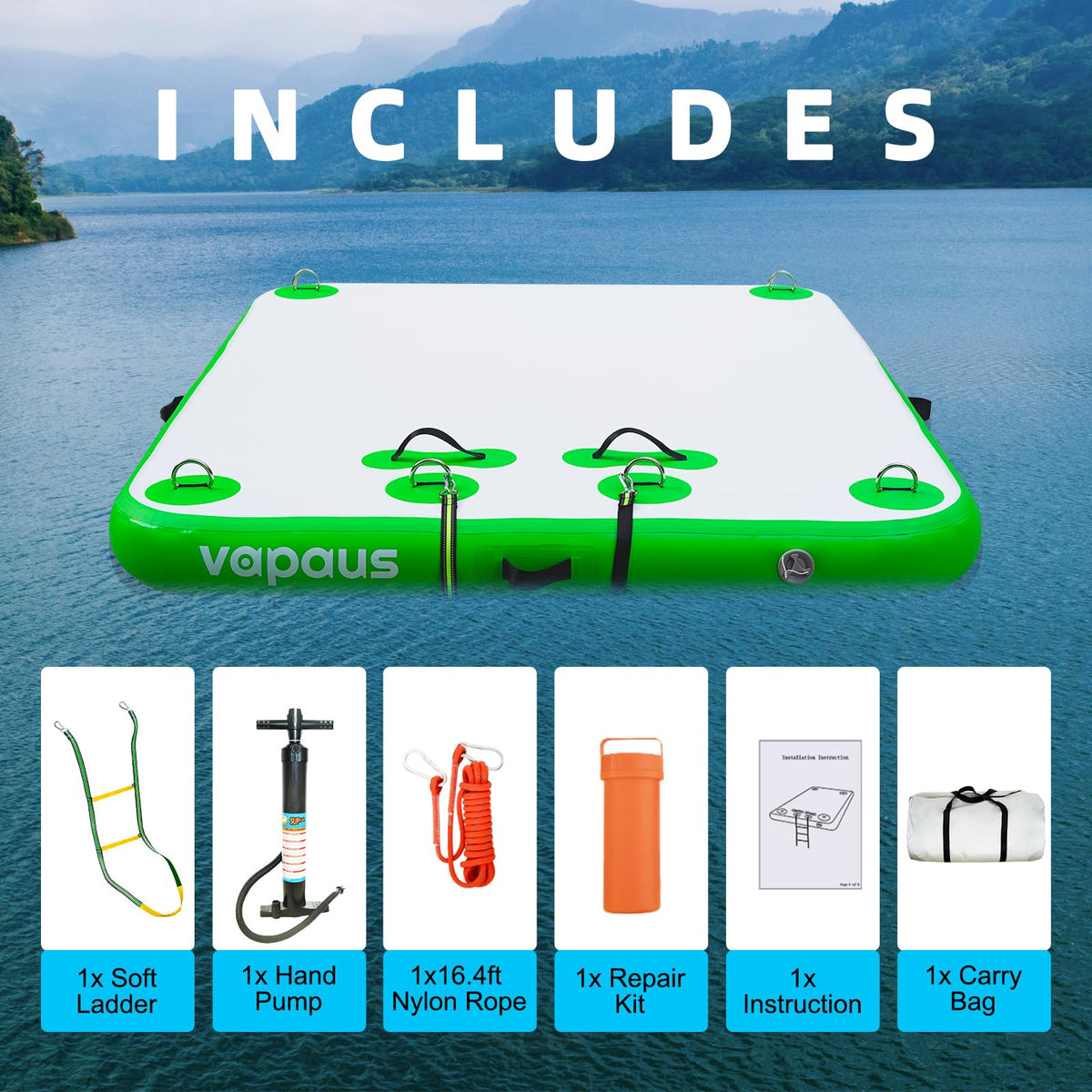 Vapaus Inflatable Floating Dock Air Dock Platform 6ft/8ft/10ft Non-Slip Inflatable Water Swim Mat Floating Island Raft for Pool Lake Beach Ocean Fishing Relaxing (Lagoon Green, 5ft x 6ft x 6")