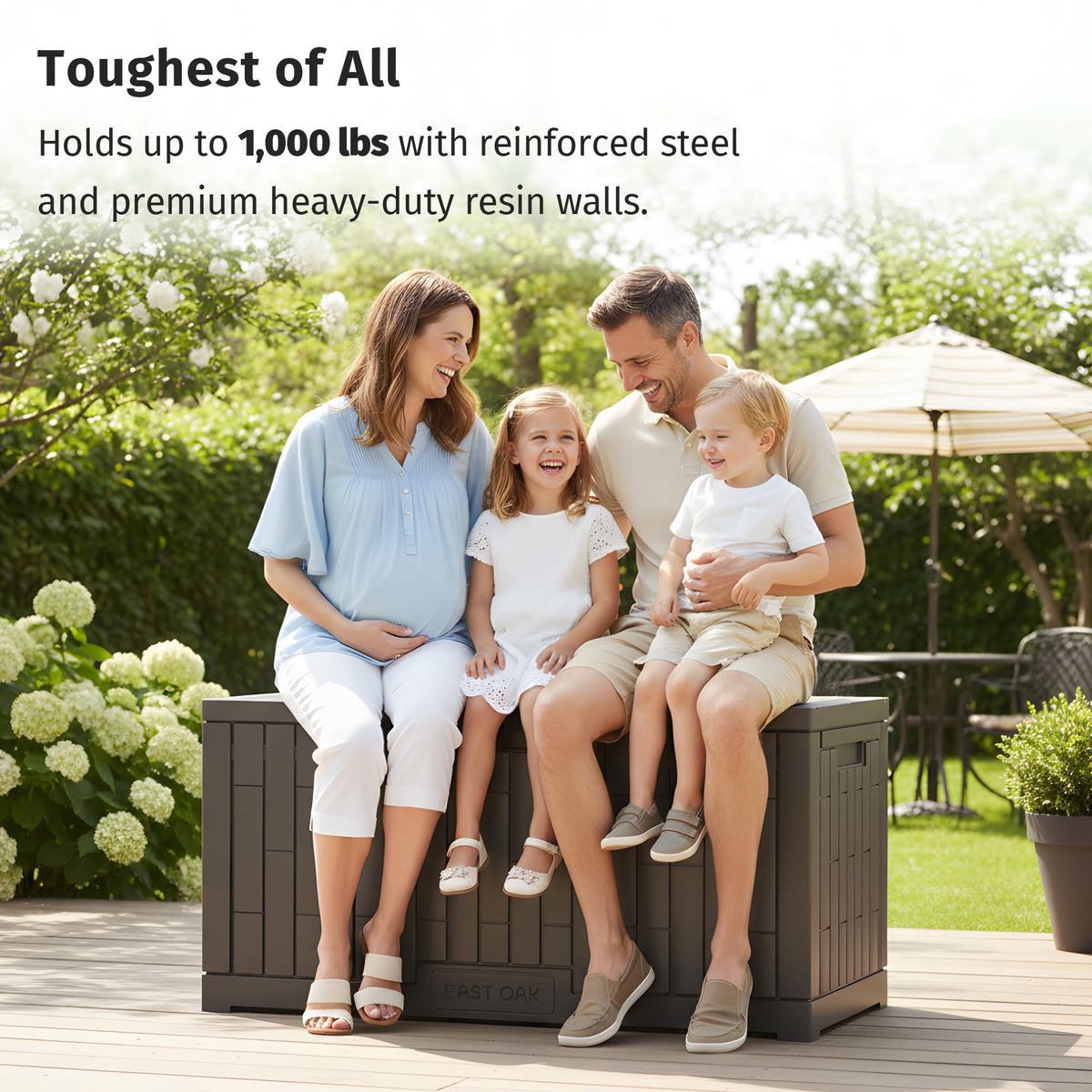 EAST OAK 120 Gallon Outdoor Storage Box | Large Resin Deck Box with Reinforced Stainless Steel Support | Waterproof & UV-Resistant Patio Storage Box for Cushions, Garden Tools & Pool Accessories, Grey