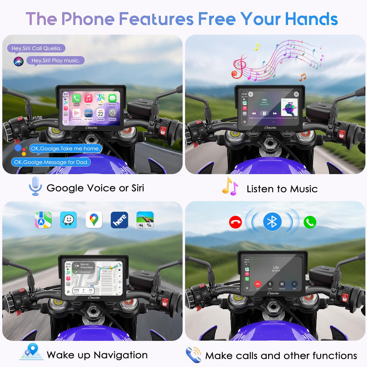 Carpuride W502TPRO for Motorcycle CarPlay& Android Auto& TPMS& Dual Bluetooth - 5" Waterproof GPS Navigation Screen for Motorbike, Music Sharing, Intercom, EQ, Light Sensor, Compass, Barometer