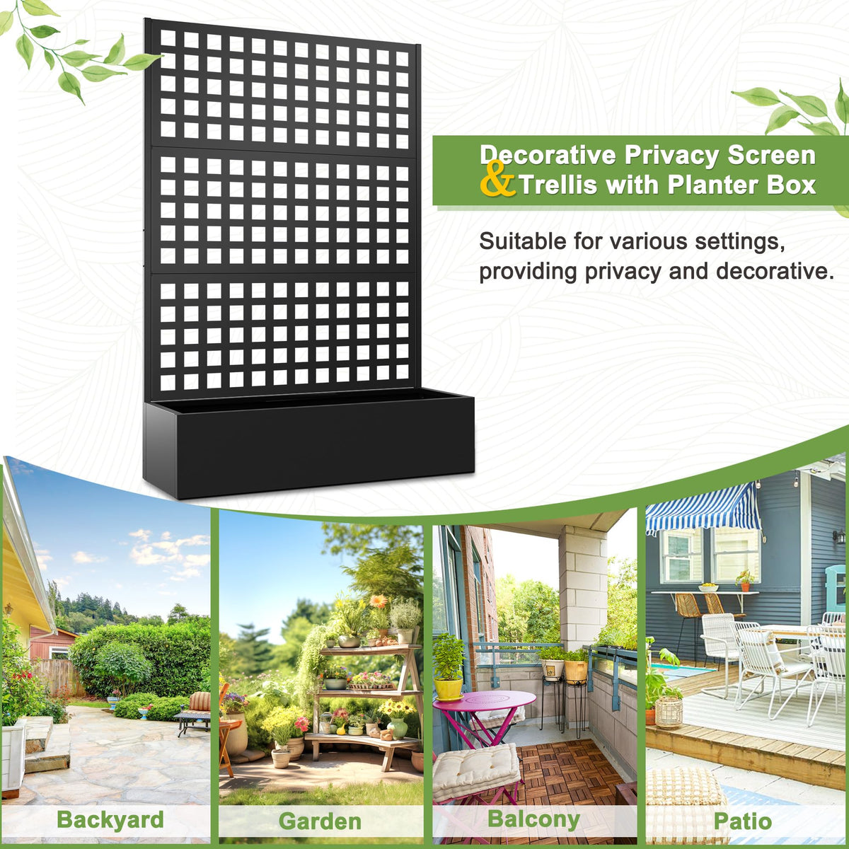 FENCY Metal Raised Garden Bed with Trellis, Metal Planter Box with Trellis, Garden Box for Climbing Plants Vegetable, 47''Lx16''Wx71''H Garden Bed with Drainage Holes(Black)