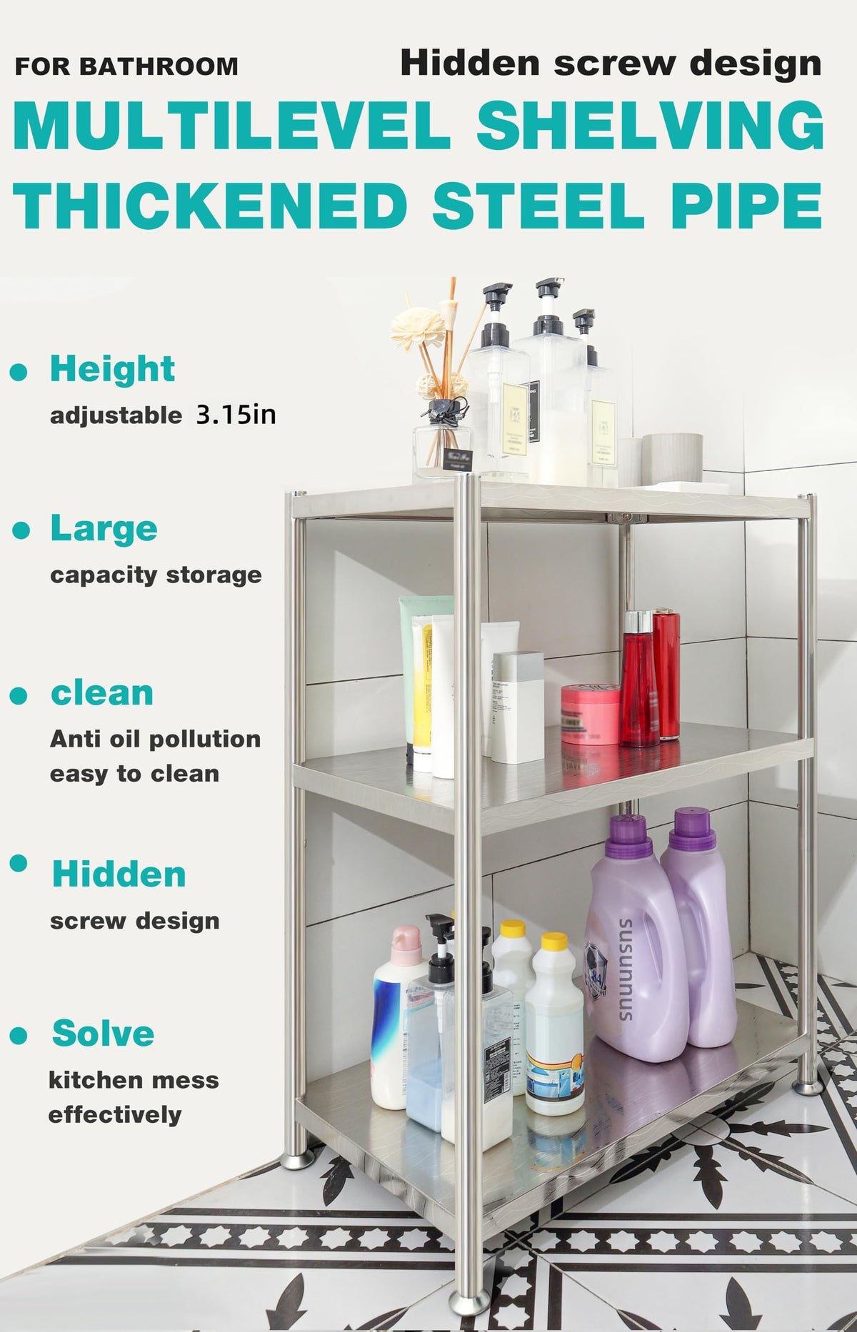 susunnus Stainless Steel Shelves 23.6in-5 Tier, Stainless Steel Shelf Organizer, Kitchen Storage Shelves,Artistic Texture, Pragmatic & Sturdy & Waterproof