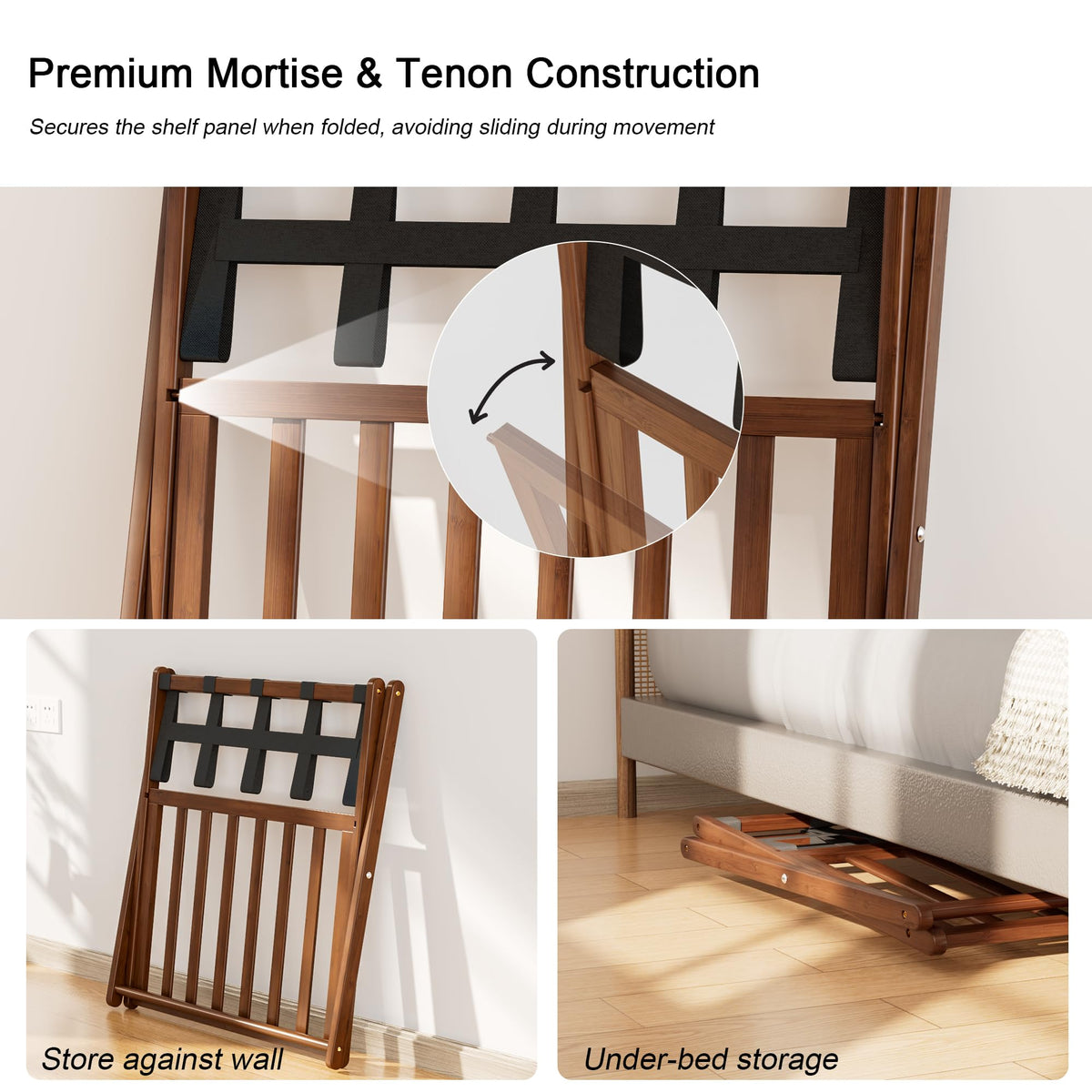 SANLUCE Fully Assembled Luggage Rack Set of 2 for Guest Room, Bamboo Suitcase Stand with Foldable Storage Shelf, Crossed Nylon Straps Folding Luggage Holder for Bedroom and Hotel, Walnut