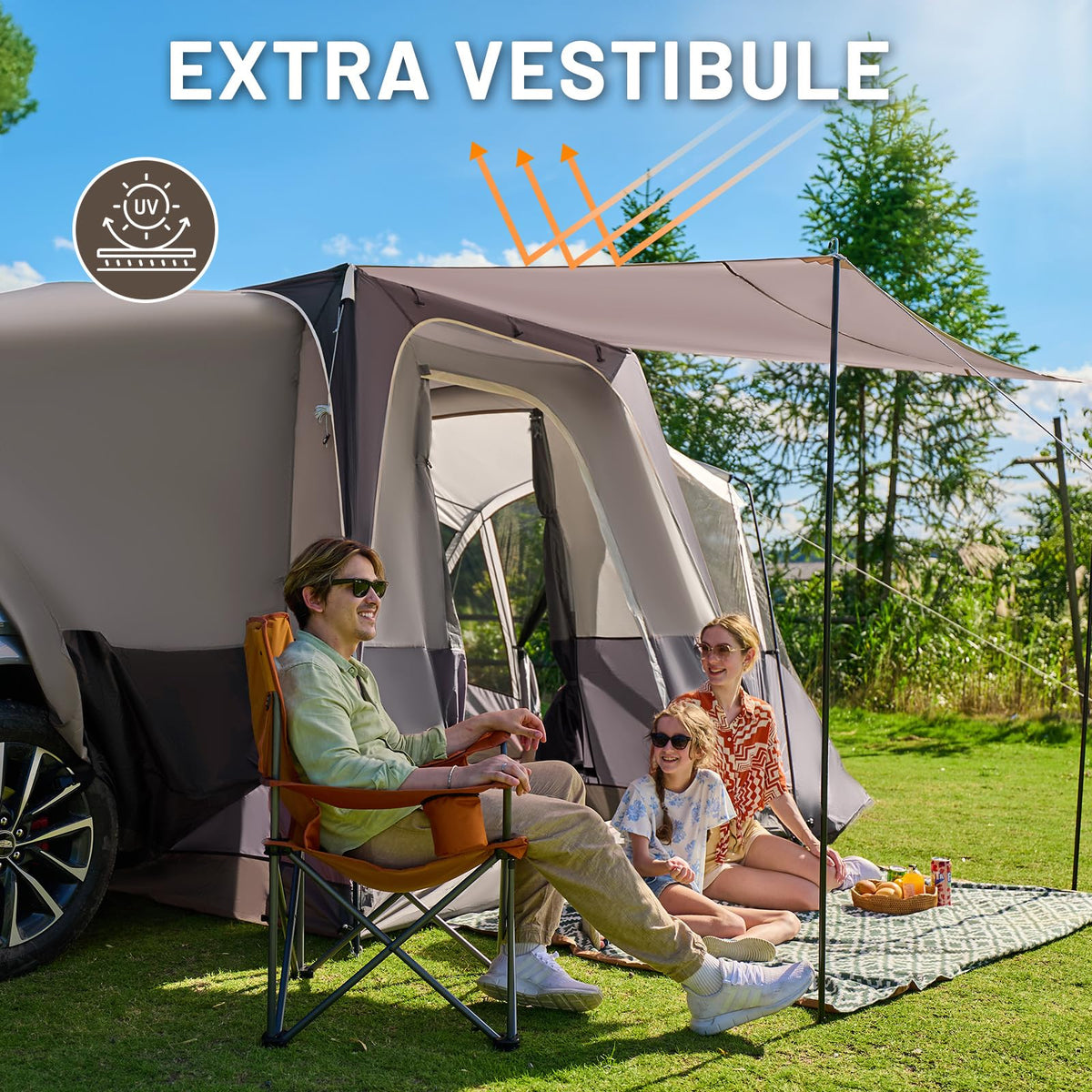 TIMBER RIDGE 5-9 Person SUV Tent with Screen Porch and Awning for Family Camping, Weather Resistant and Portable Van or Car Tent, Includes Rainfly and Storage Bag, 13' W X 10' L X 7.1' H, Tan