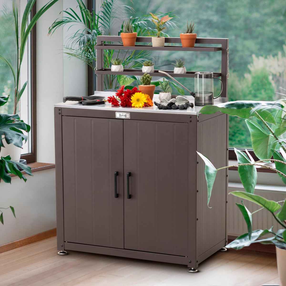 Feasto Outdoor Potting Bench Table with Storage Cabinet, Stainless Steel Garden Workstation, Raised-Edge Top, Adjustable Shelf & Removable Hutch for Patio, Balcony & Outdoor Workspace, Brown
