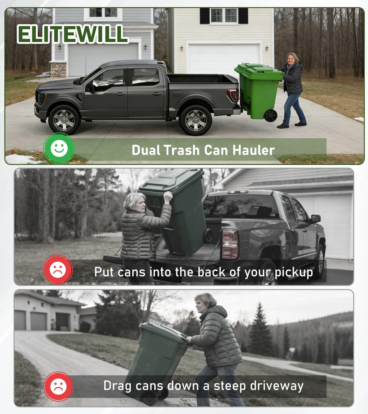 ELITEWILL Dual Trash Can Hauler Hitch Allowing Backing-up High-Loading Garbage Can Towing Hitch Carrier Fit for Pickup Trucks with 2" Hitch Receiver