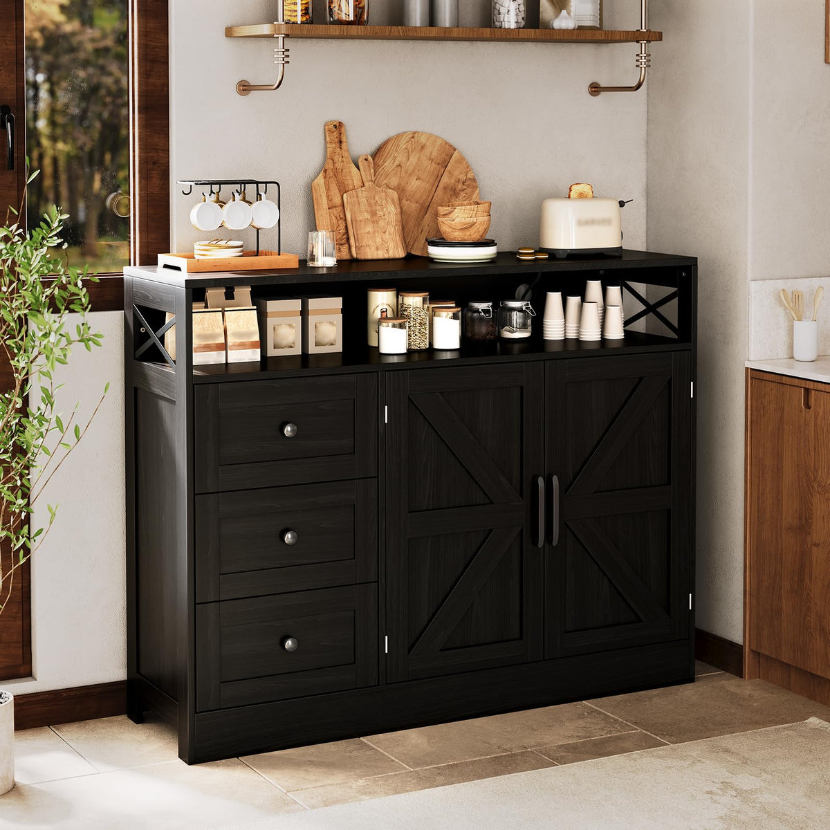 Farmhouse Buffet Cabinet with 3 Drawers & Open Shelf, Sideboard with Storage, 47" Kitchen Pantry Cabinet Hutch, Coffee Bar Station with Built-In Power Outlet for Kitchen, Dining Room- Black