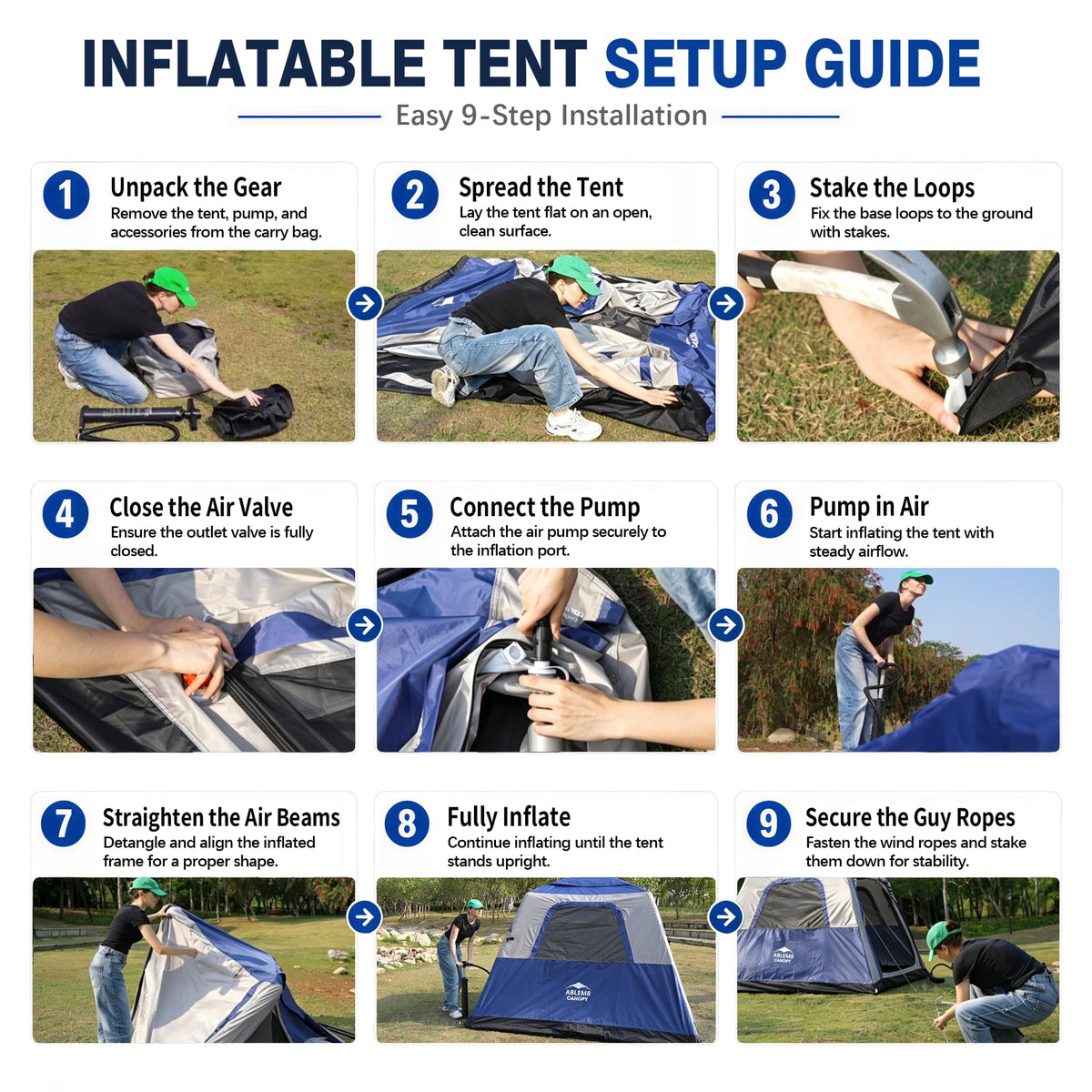 Inflatable Camping Tent with Pump, 2-4 Person Air Tent, Easy Setup Waterproof Blow Up Cabin with Awning for Outdoor Camping