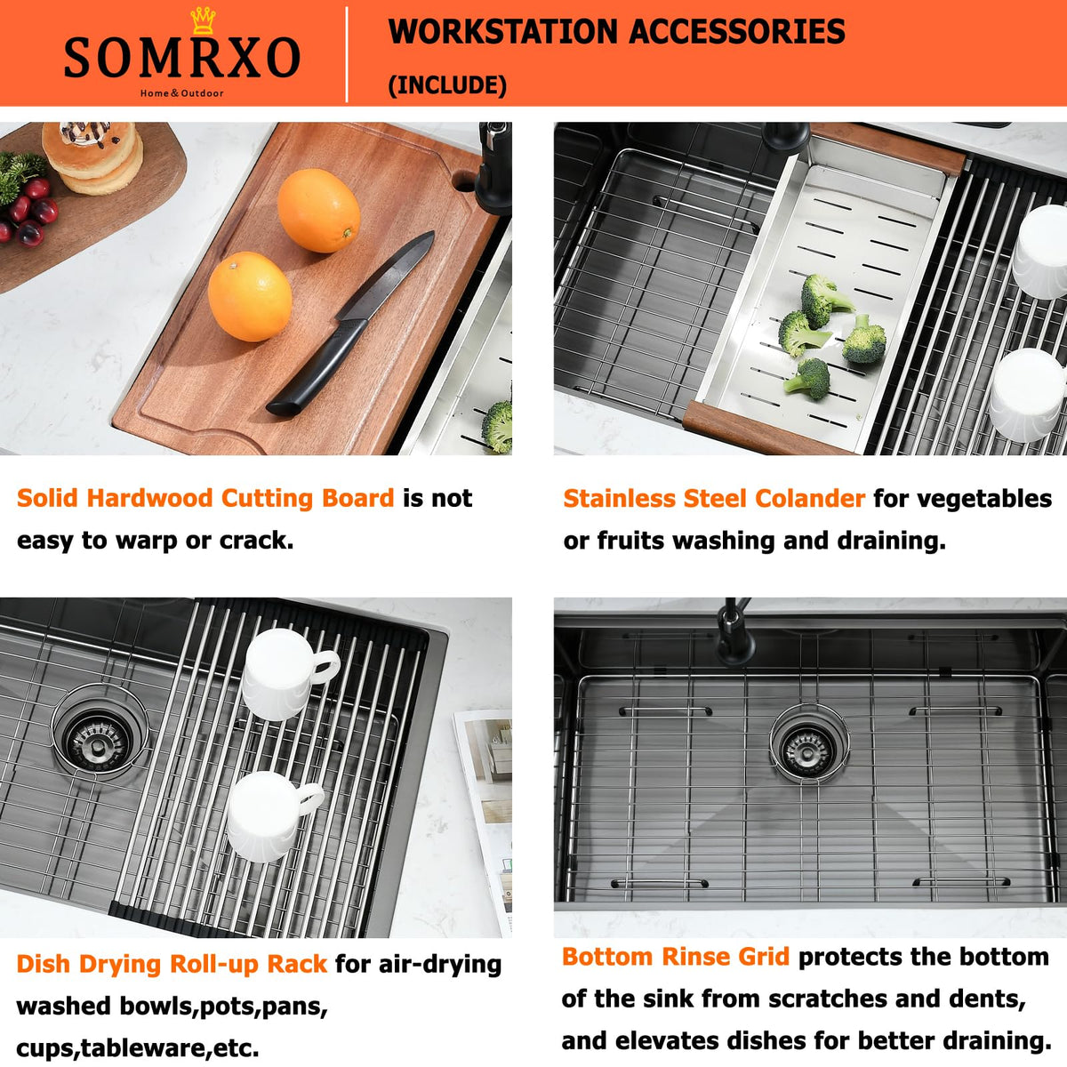 SOMRXO 28 Inch Undermount Kitchen Sink Black - 16 Gauge Black Satainless Steel Kitchen Sink Undermount 28x18,10 Inch Deep Single Bowl Workstation Sinks with Accessories