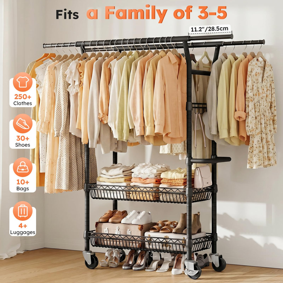 SOLEDI Heavy-Duty Clothes Rack, 1000 LBS clothing rack with wheels Load Capacity Double Rod Clothing Rack with Shelves & Lockable Wheels, Suitable for Bedroom, Entryway, Living Room & Garage (black)