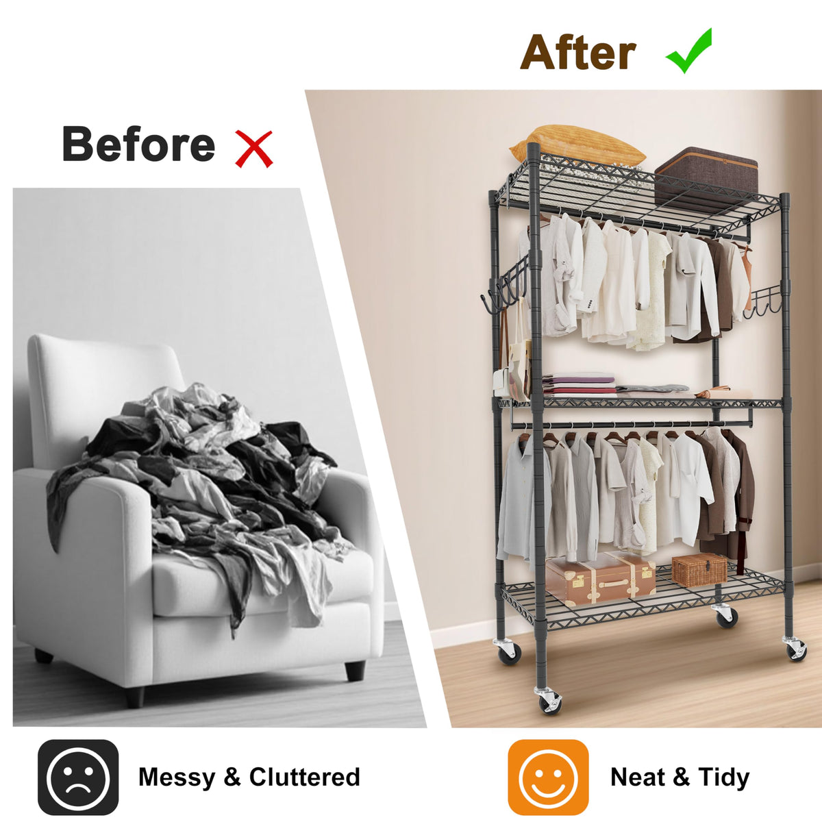 Whitmor 3 Tier Rolling Garment Rack, Heavy Duty Adjustable Metal Clothing Rack with Side Hooks, Double Rods & 360° Lockable Wheels, Max 600LBS for Hanging Clothes, 35.4" L x 16" W x 77" H, Black