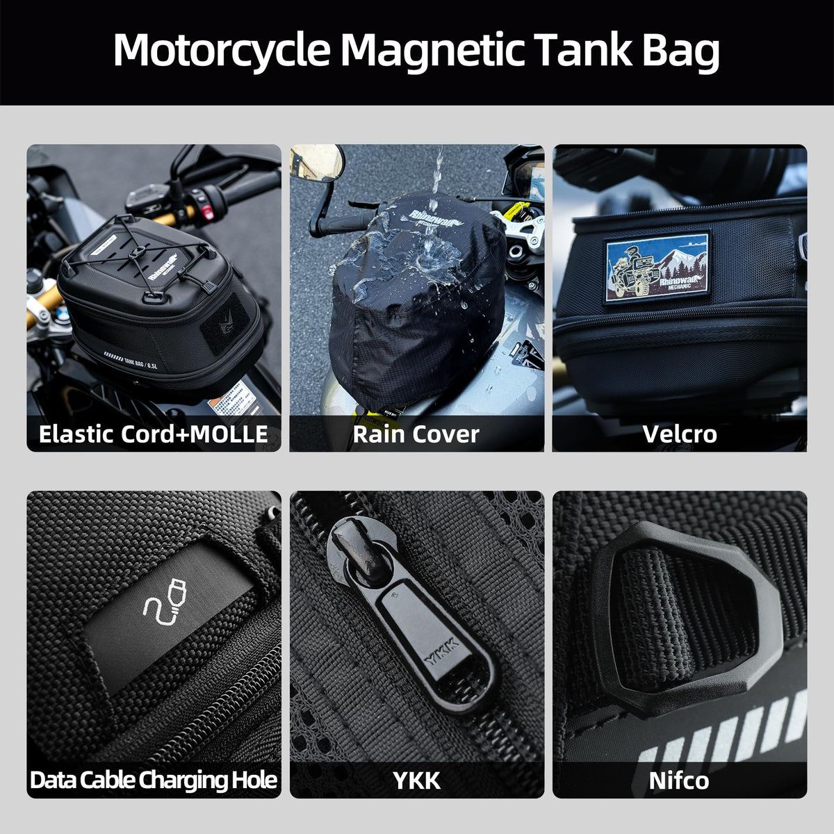 abamita Rhinowalk Motorcycle Tank Bag Magnetic Quick Release 5–6.5L Expandable Motorbike Fuel Tank Bag with Lock, Waterproof Storage Backpack with Rain Cover (Orange)