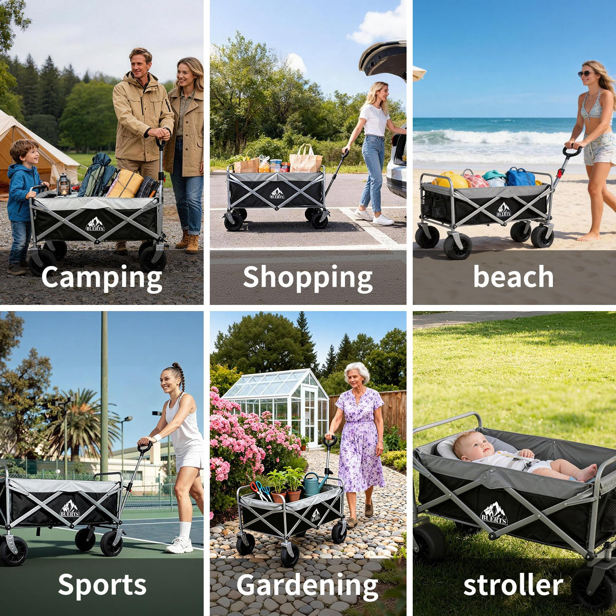 BUERTS Collapsible Wagon - 600LBS Heavy-Duty Large Capacity Foldable Utility Cart, Oversized All-Terrain Wheels, 3-Second Quick Fold Beach Wagon for Camping, Gardening, Beach & Backcountry Trip（BLACK）