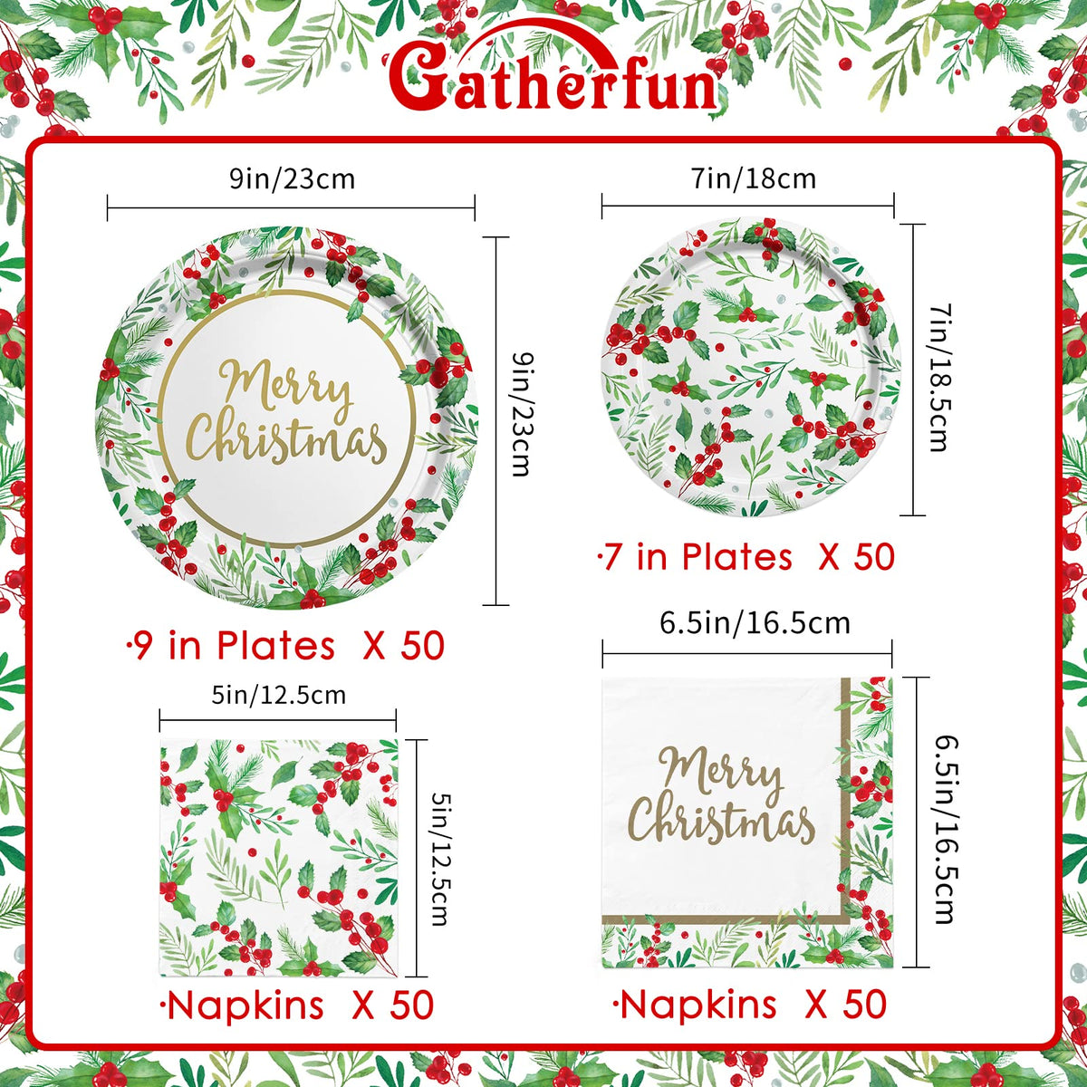 Christmas Party Supplies, Serve 50, Christmas Seasonal Holly Tableware Includes: Paper Dinner Plates, Dessert Plates, Luncheon Napkins and Beverage napkins, Great for Party Decorations