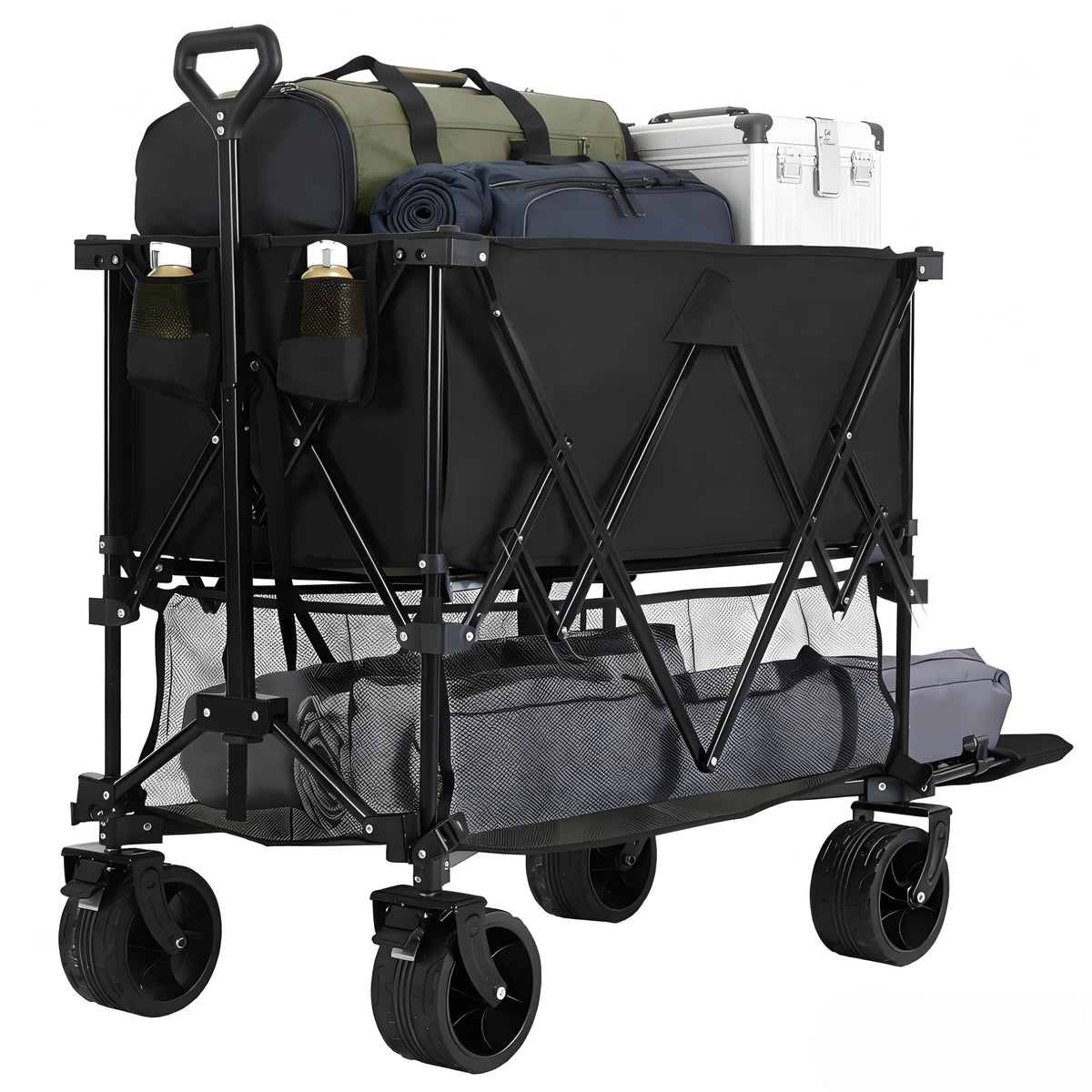 NEWBULIG Large Capacity Wagon Carts Foldable, 440LB Heavy-Duty Double Decker Wagon with All-Terrain Wheels, Portable Storage Shopping Cart for Groceries, Camping, Sports, Beach, Garden