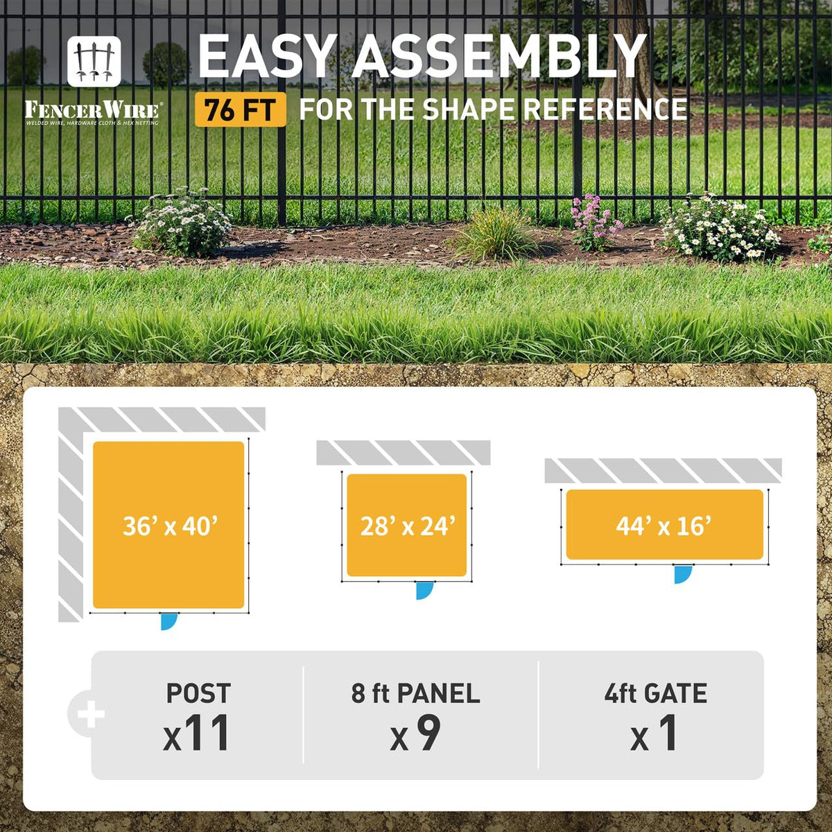 Fencer Wire 76FT Heavy Duty Flat Top Fence Barrier Kit, Anti-Rust Metal Steel Fence with 5FT Height X 8FT Width Panels, with Arched Gate, Posts, Connectors, Outdoor Fencing for Yard