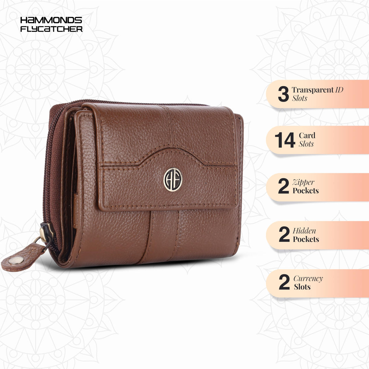 HAMMONDS FLYCATCHER Leather Ladies Wallet for Woman with 14 Card Slots - Clutch Purse for Women, Ladies Wallet for Women Stylish, Ladies Purse for Women Wallet, Purse for Woman, Brushwood, M, Modern