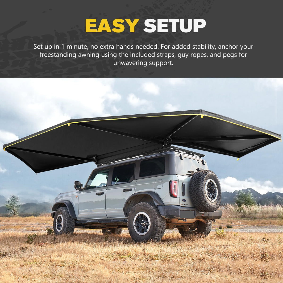 BUNKER INDUST 270 Degree Awning Free Standing, Vehicle Overland Awning Built-in LED Light - Three Colors, Car Driver Side, Waterproof Wind Resistant for SUV Van Truck Camper
