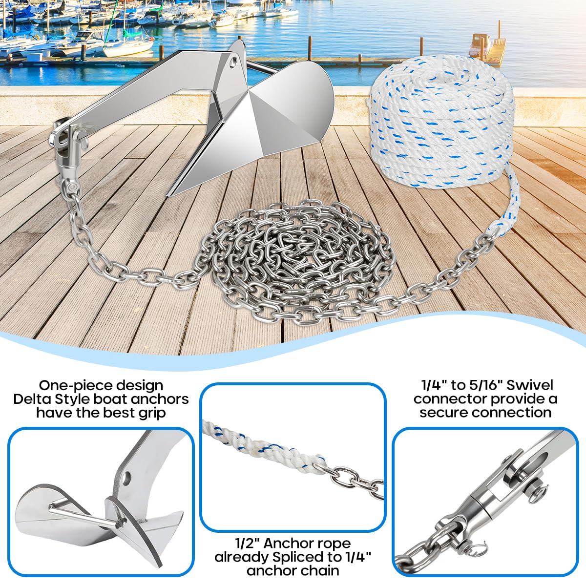 FUCNEN 316 Stainless Steel Delta Anchor 13 Lb, 1/2" Anchor Rope 150 ft, 1/4" HT G4 Marine Anchor Chain 15ft & Swivel Connector Boat Anchor Kit for Windlass System