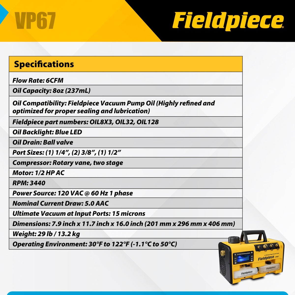 Fieldpiece VP67 Vacuum Pump – 6 CFM, 1/2 HP DC Motor, RunQuick Oil Change System – Portable - Professional HVAC Tool - A2L Compatible