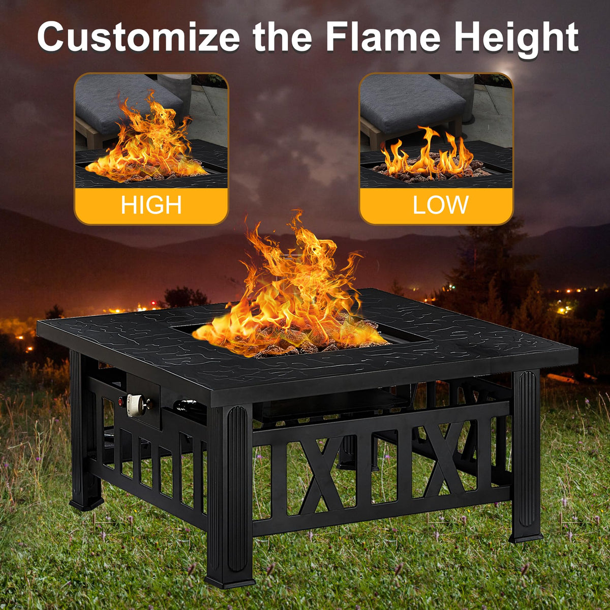 VECELO Propane Fire Pit, 30 Inch Outdoor Gas Fire Table, 50,000 BTU Square Firepit with Lid and Lava Rock, Adjustable Flame Steel Fire Table for Outdoor, Patio, Backyard, Party, Black