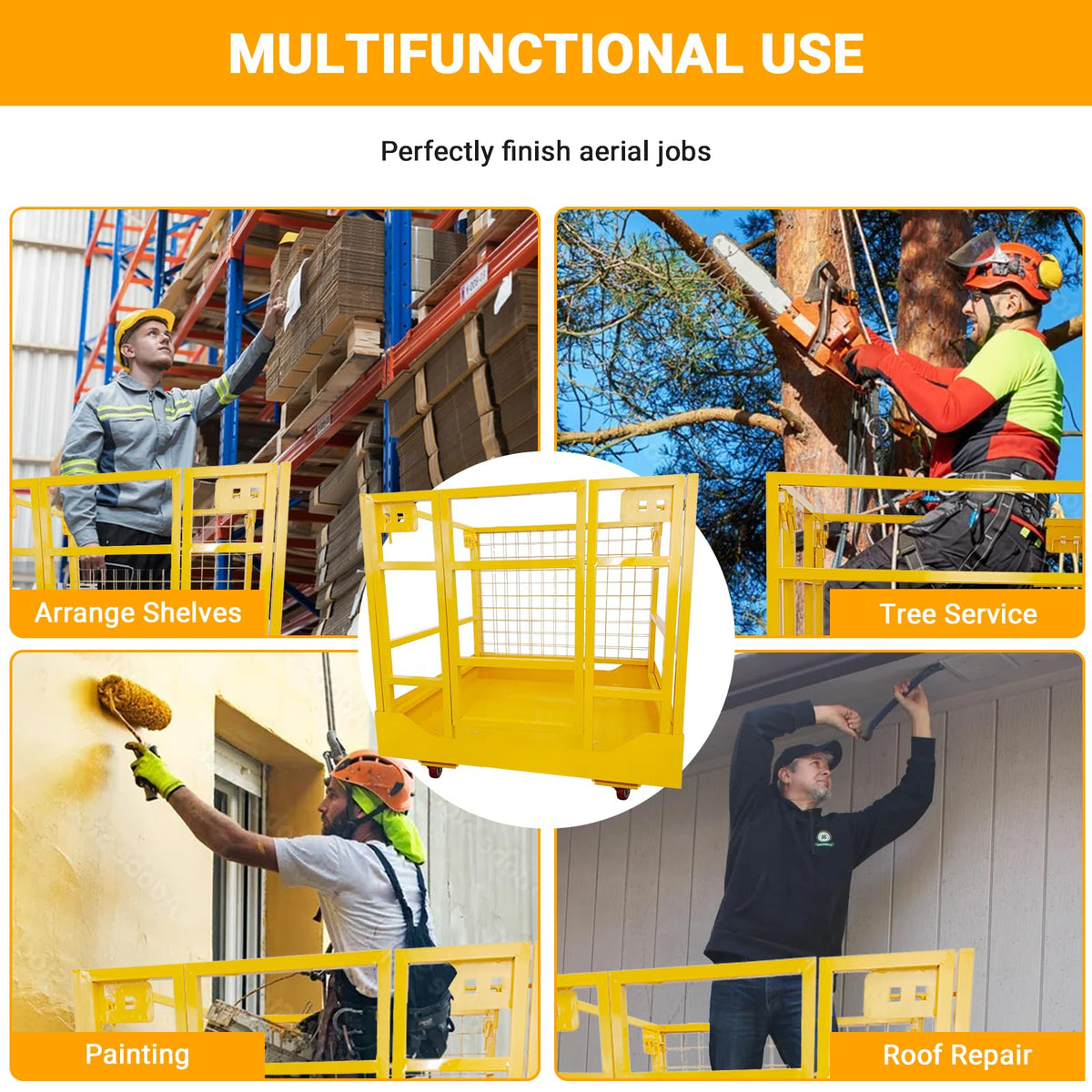 43"X45" Forklift Safety Cage, 1400 LBS Forklift Man Basket Work Platform with Safety Strap ＆ Lockable Swivel Wheels, Heavy Duty Collapsible Lift Cage for Most Aerial Jobs
