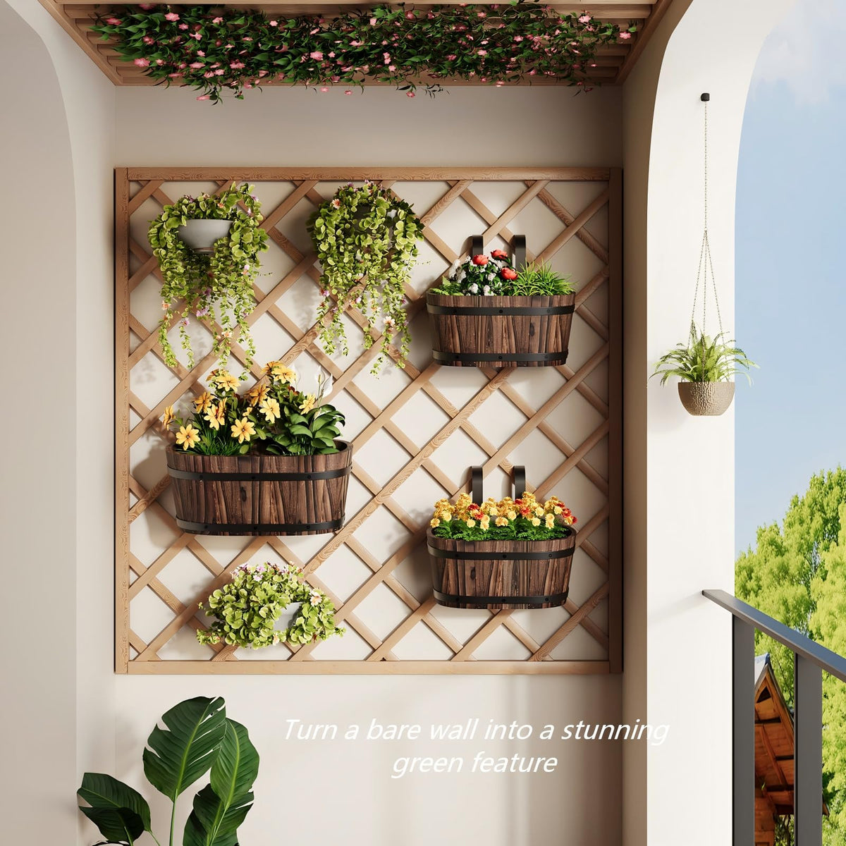 2PACK Wood Cute Railing Planter Box Wooden Hanging Flower Pots for Railing Fence Outdoor Plants Wall Planters Window Flower Box Hanging Bucket Pots Countryside plant Holder (Carbonized,2pcs,Small)