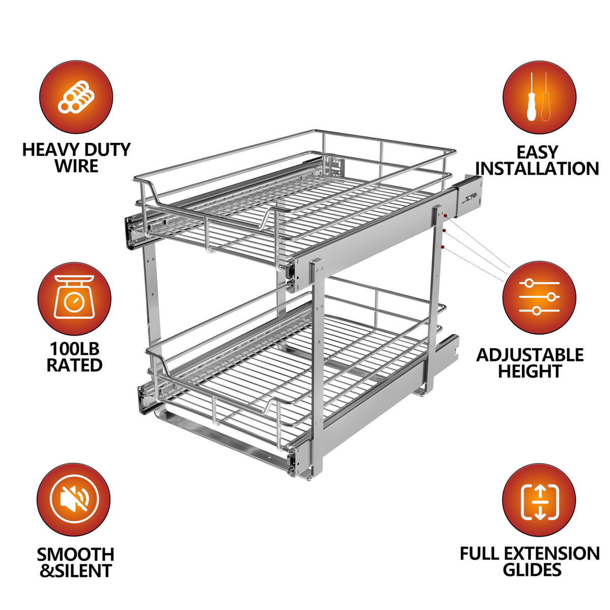 JOWBOOW (23" W x 22" D Cabinet Pull Out Shelves, 2-Tier | Heavy Duty Kitchen Pull Out Shelves for Wide Cabinets, 22 Inch Deep Sliding Cabinet Organizer