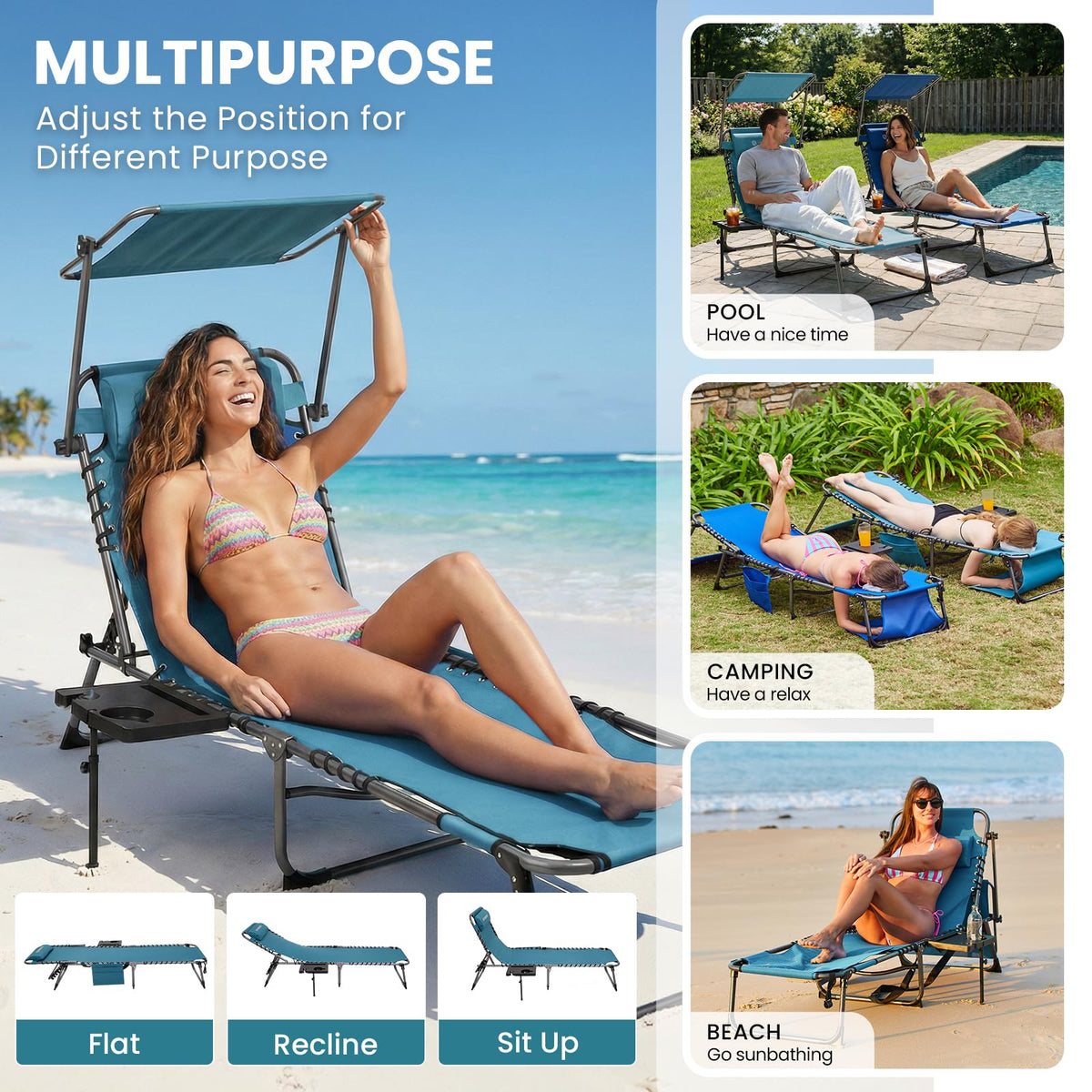 FUNDANGO 400lbs Tanning Chair with Face Hole & Canopy & Side Table, 5 Positions Beach Sunbathing Lounge Chair Facedown Chaise Lounge with Pillow for Pool Outdoor Camping Patio, Set of 2 Cyan