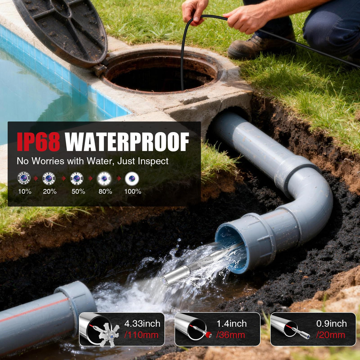 Self-Leveling Sewer Camera with 512Hz Sonde, Distance Counter, 7mm Semi-Rigid Cable, 9 Inch 1080P IPS Screen, 23mm Waterproof Pipe Inspection Camera for Plumber (100ft/30m)