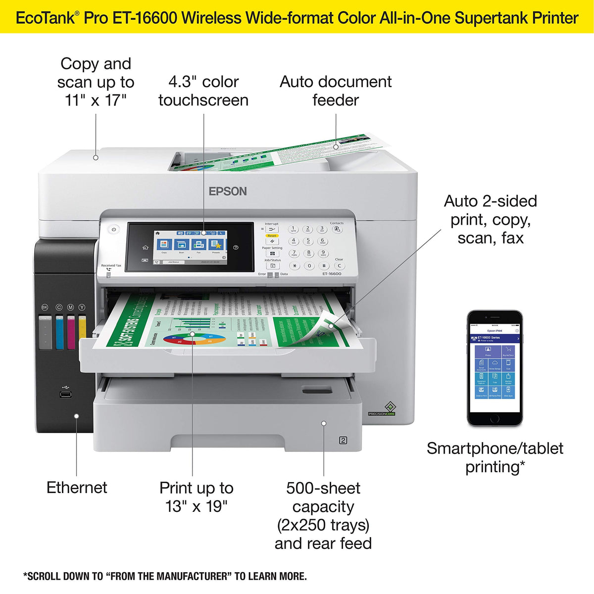 Epson EcoTank Pro ET-16600 Wireless Wide-Format Color All-in-One Supertank Printer with Scanner, Copier, Fax, and Ethernet