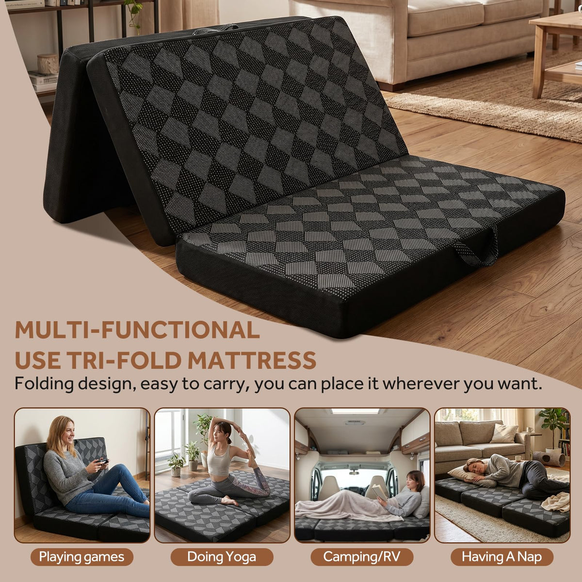 Tri Folding Mattress Twin Size - Memory Foam Tri-fold Mattress, Handle & Non-Slip Bottom, Portable Foldable Sofa Bed Floor Chair for Travel RV Camping Guest Yoga - 4 Inch, 75" 38"x4"