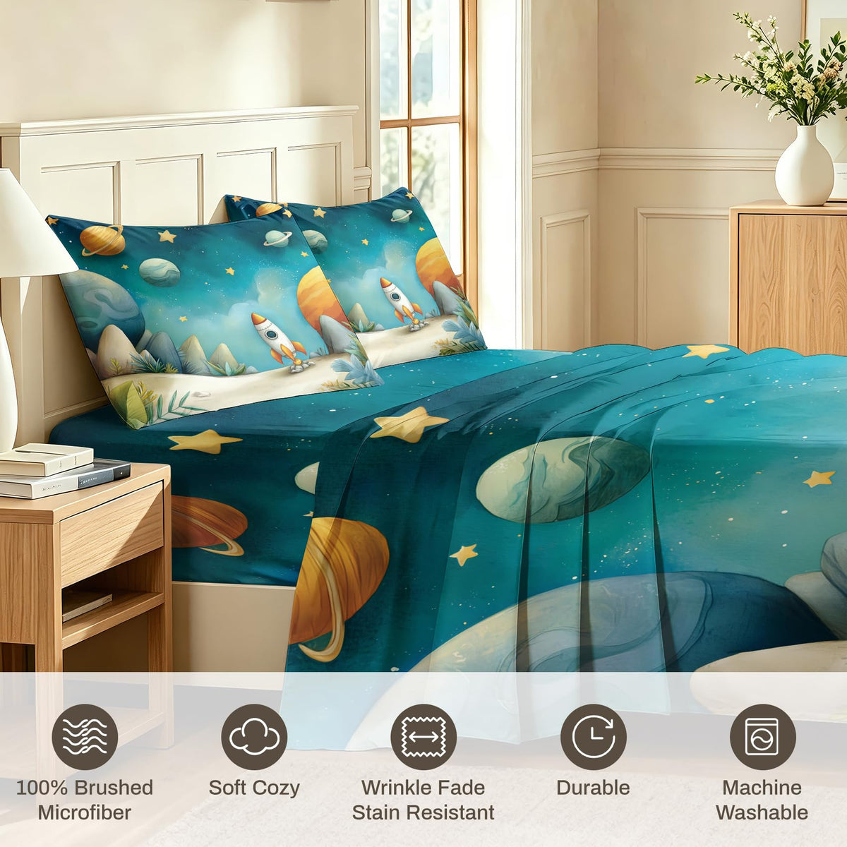Kids Rocket Queen Sheet Set 4 Pcs Solar System Bed Sheets